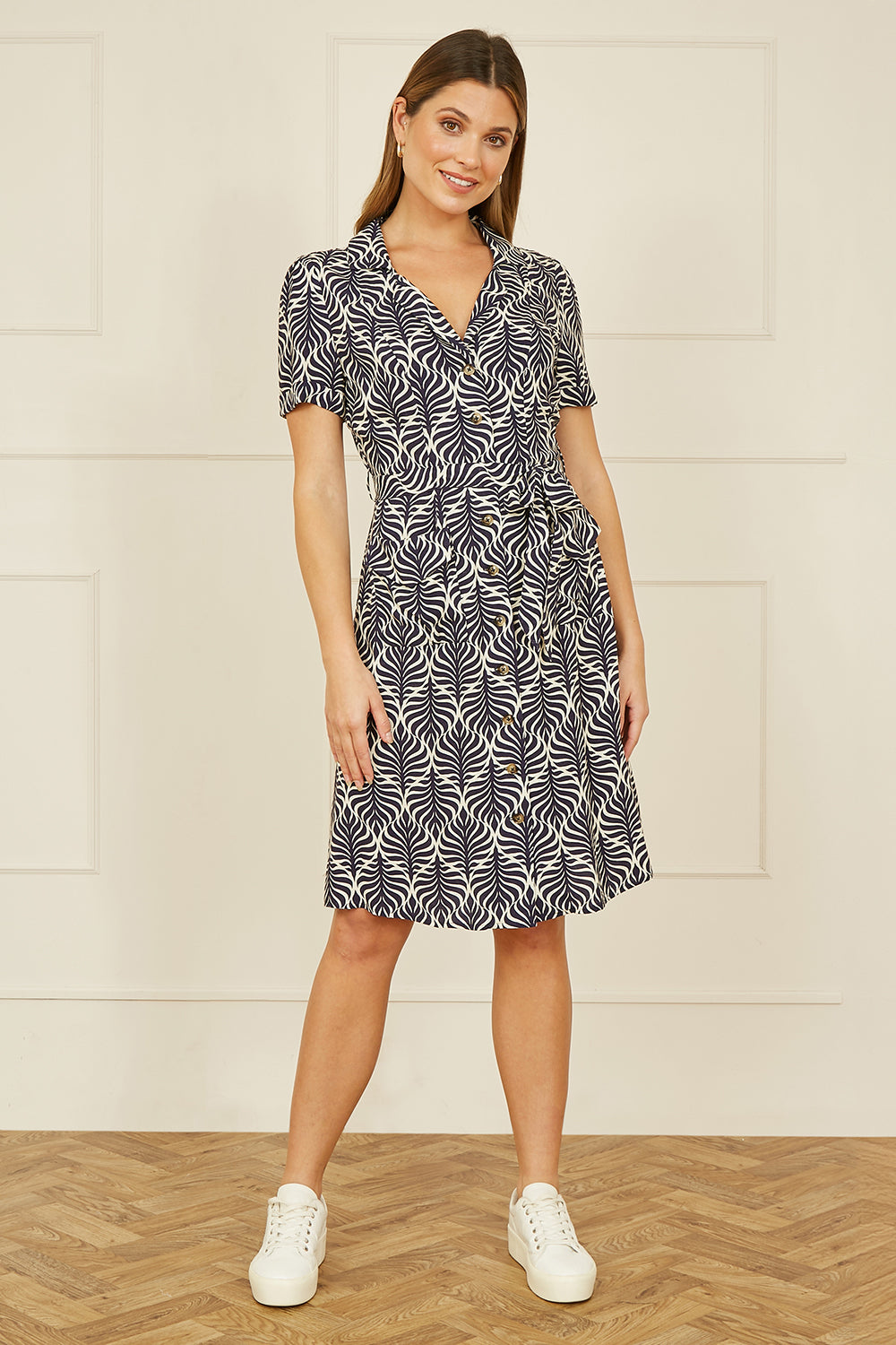 Yumi Navy Leaf Print Retro Shirt Dress DRES Day Yumi