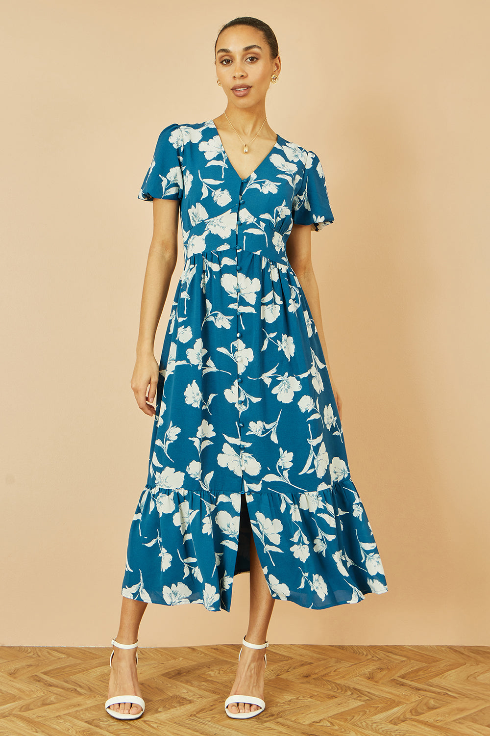 Yumi Teal Floral Button Down Floral Midi Dress Dress Casual Yumi