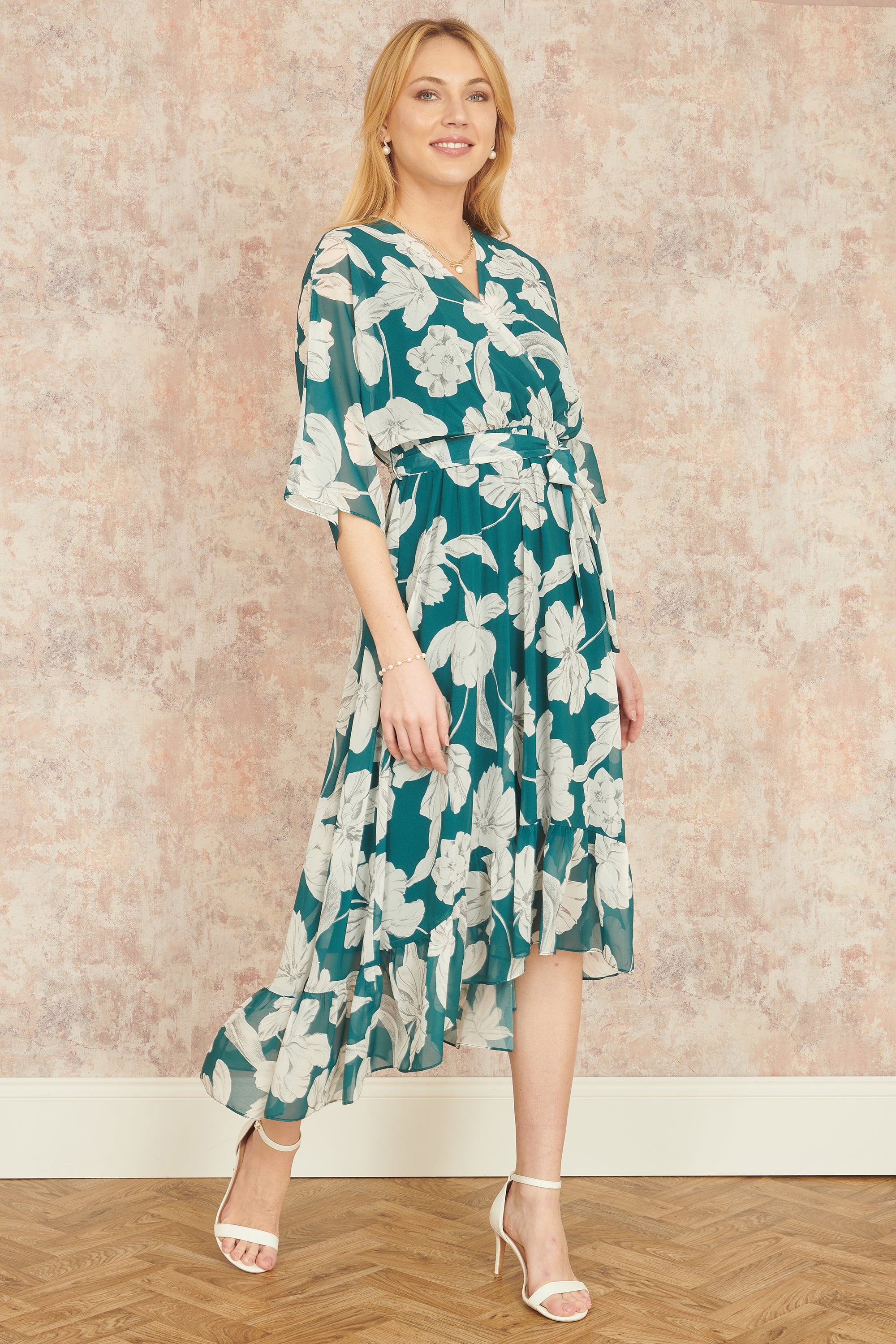 Kimono Sleeves Midi Dip Hem Wrap Midi Dress