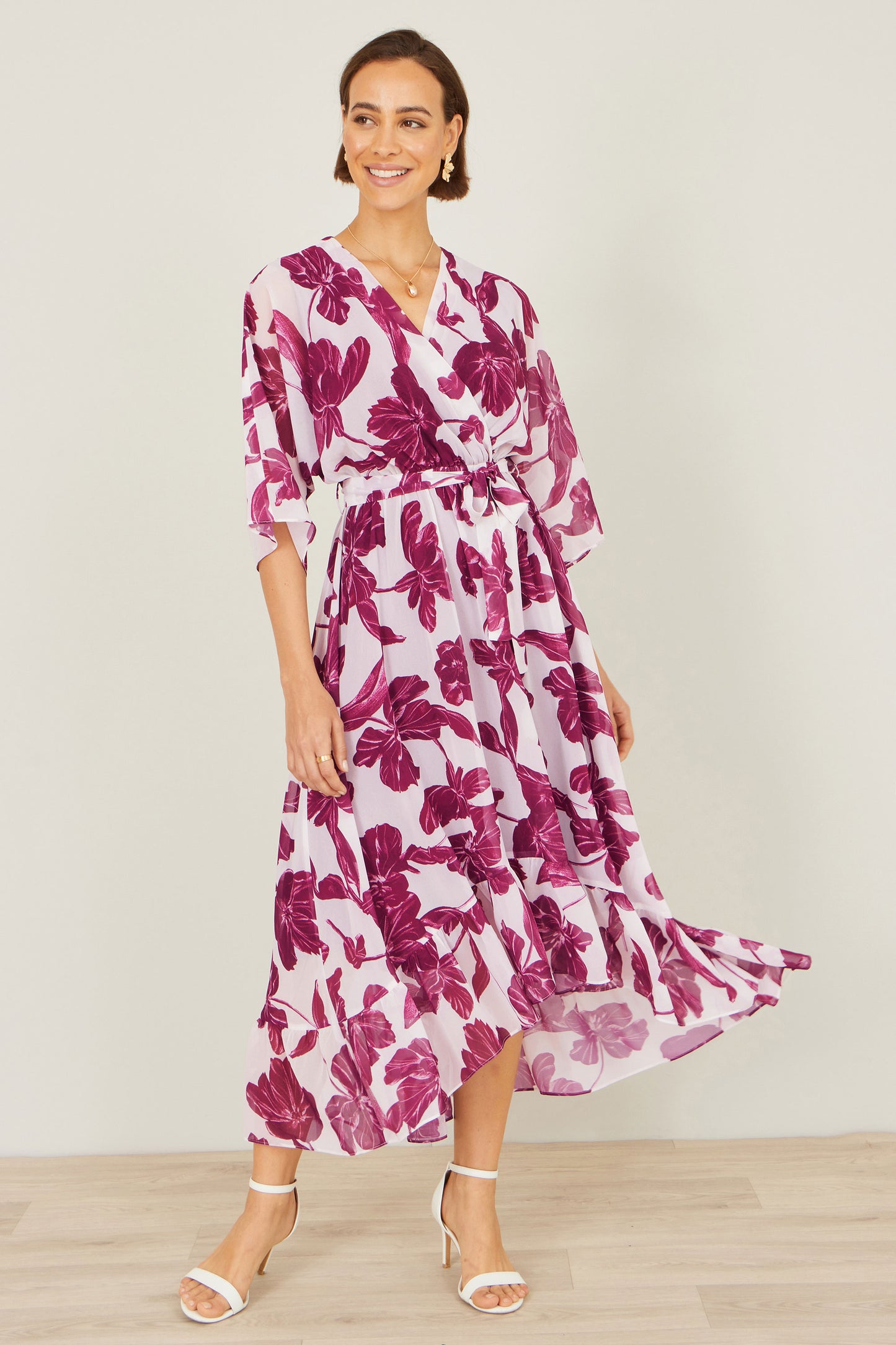 Yumi Pink Kimono Sleeves Midi Dip Hem Wrap Midi Dress Dress Occasion Yumi