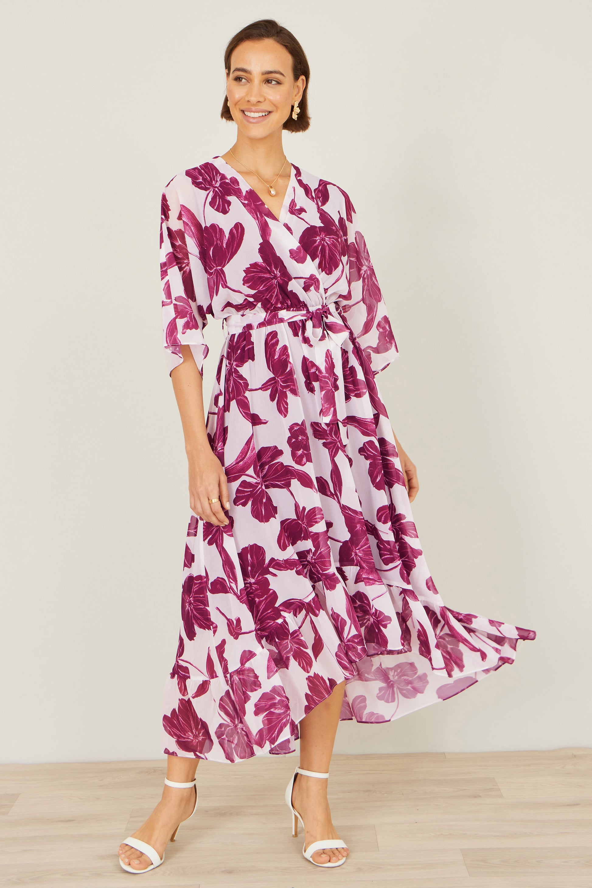 Yumi Pink Kimono Sleeves Midi Dip Hem Wrap Midi Dress Dress Occasion Yumi