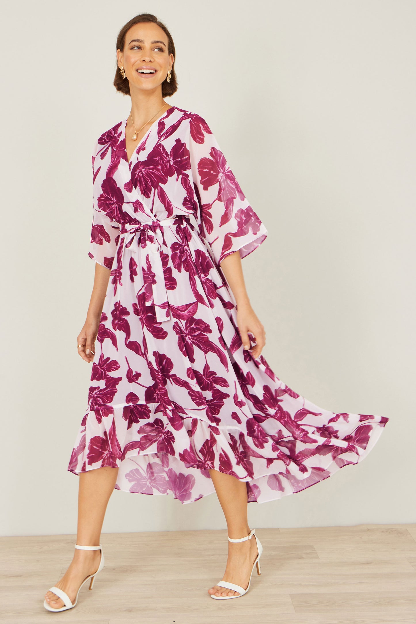 Yumi Pink Kimono Sleeves Midi Dip Hem Wrap Midi Dress Dress Occasion Yumi