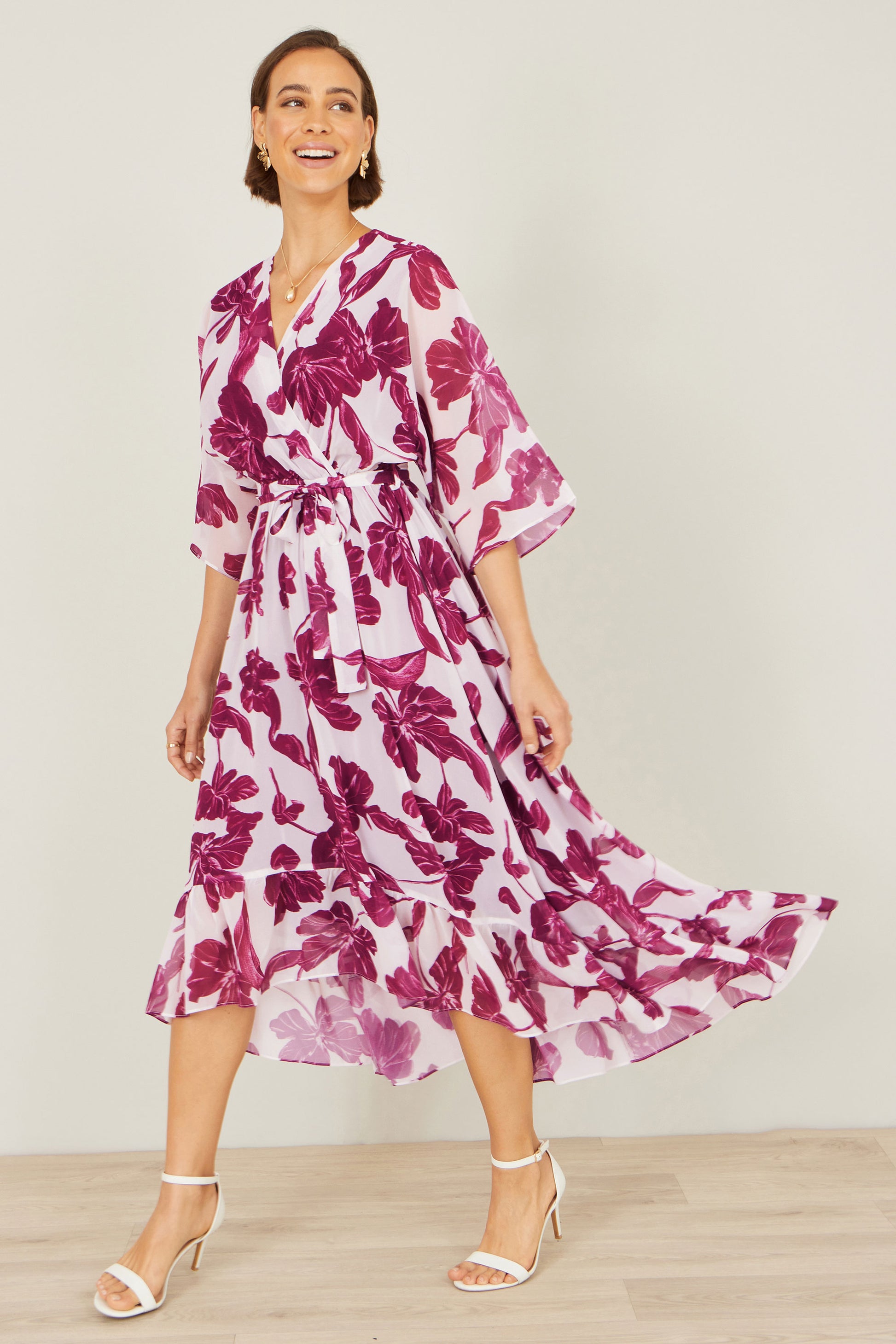Yumi Pink Kimono Sleeves Midi Dip Hem Wrap Midi Dress Dress Occasion Yumi