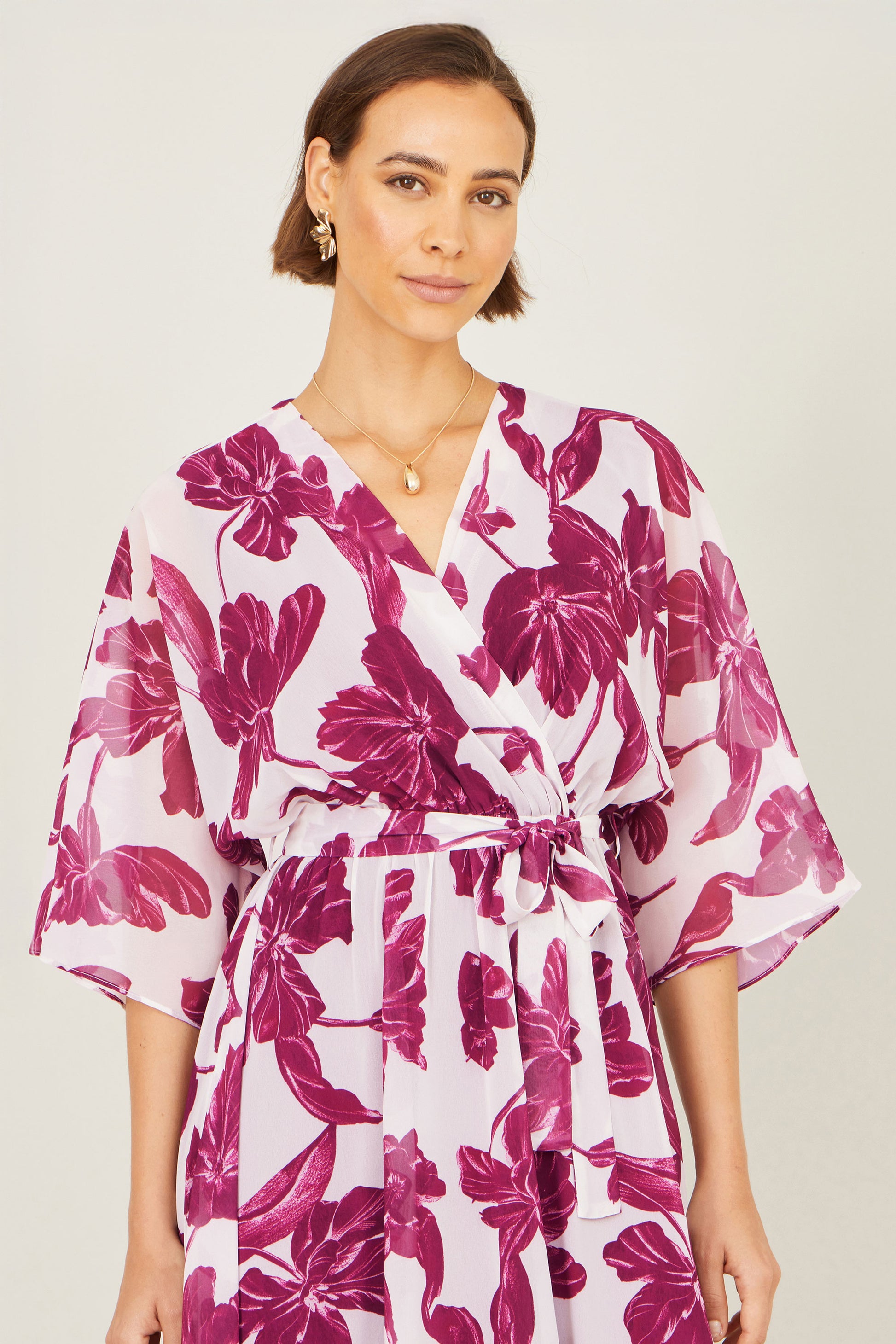 Yumi Pink Kimono Sleeves Midi Dip Hem Wrap Midi Dress Dress Occasion Yumi