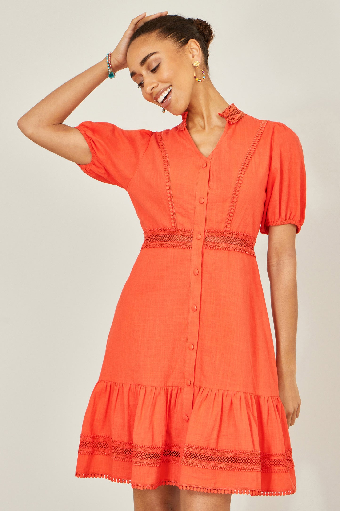 Yumi Orange Cotton Lace Trim Skater Shirt Dress Beachwear Yumi