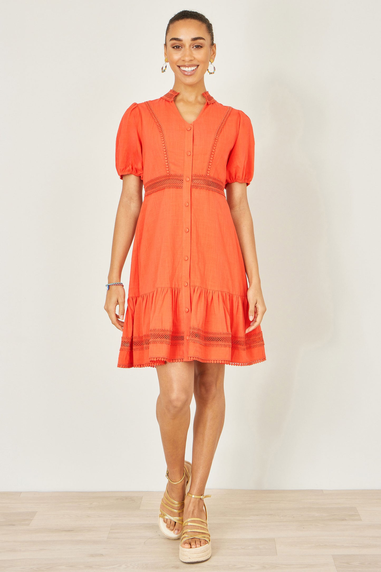 Yumi Orange Cotton Lace Trim Skater Shirt Dress Beachwear Yumi