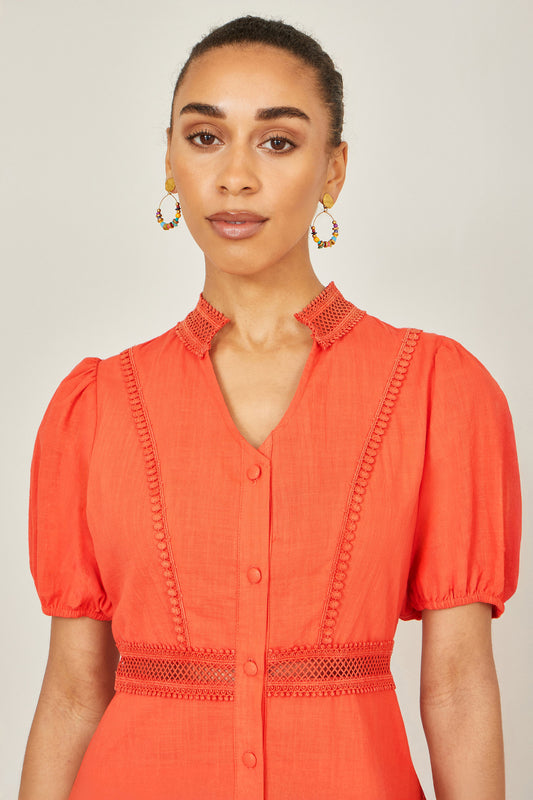 Yumi Orange Cotton Lace Trim Skater Shirt Dress Beachwear Yumi