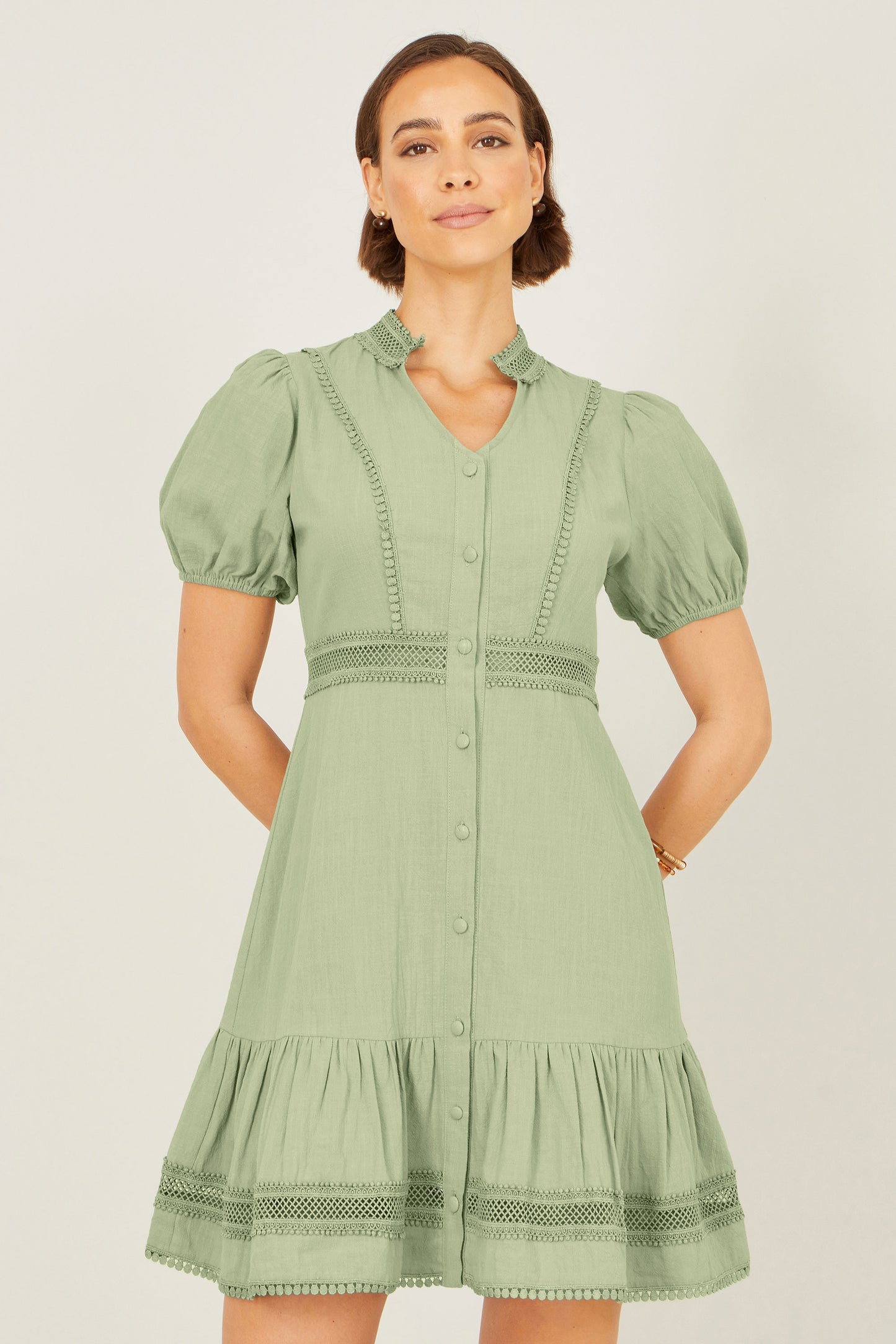 Yumi Green Cotton Lace Trim Skater Shirt Dress Beachwear Yumi