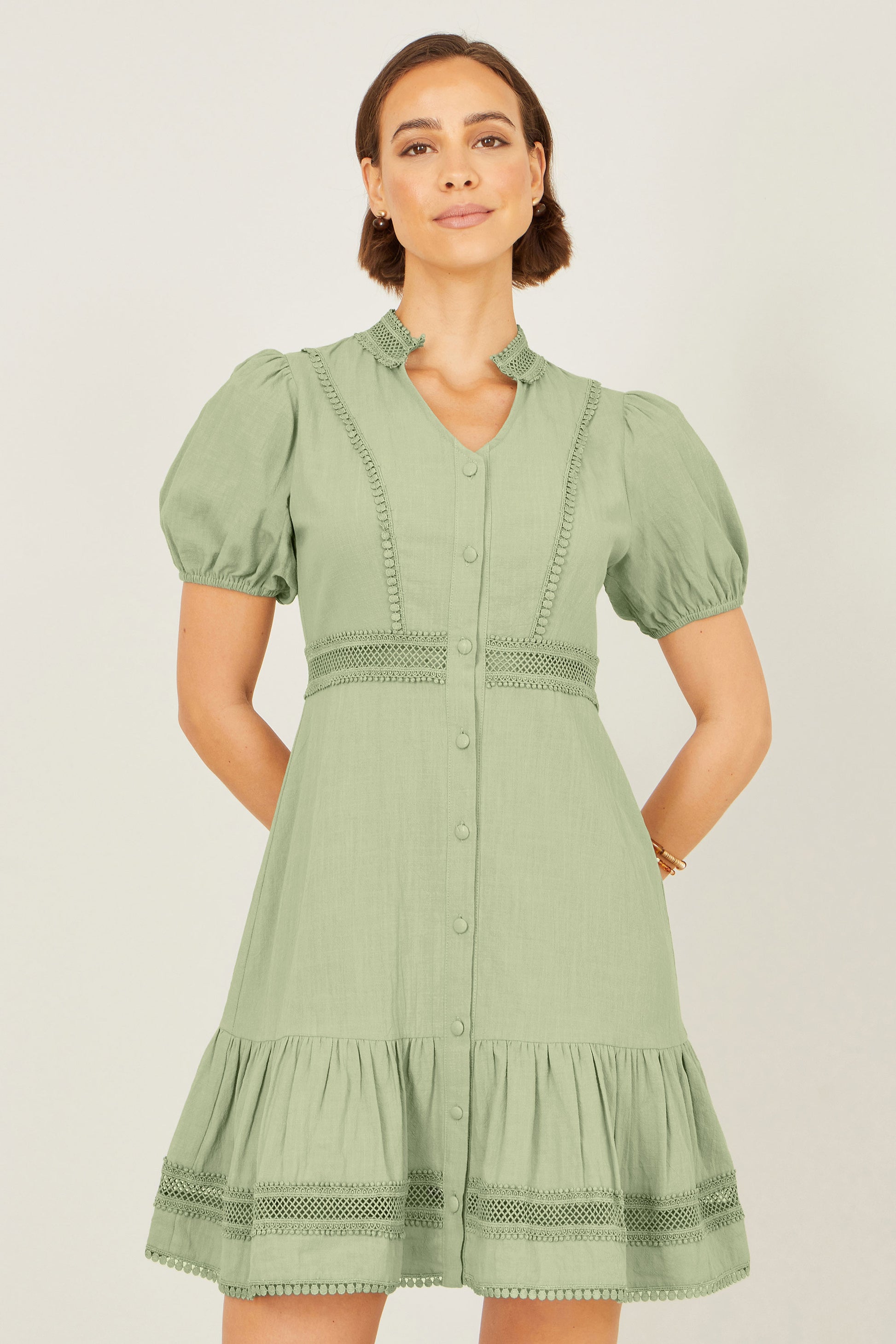 Yumi Green Cotton Lace Trim Skater Shirt Dress Beachwear Yumi