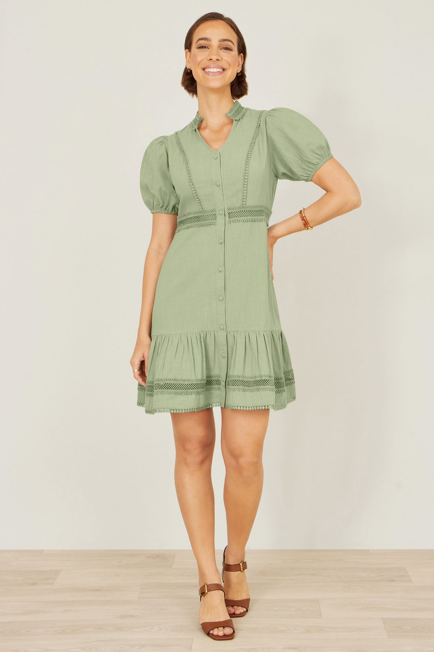 Yumi Green Cotton Lace Trim Skater Shirt Dress Beachwear Yumi