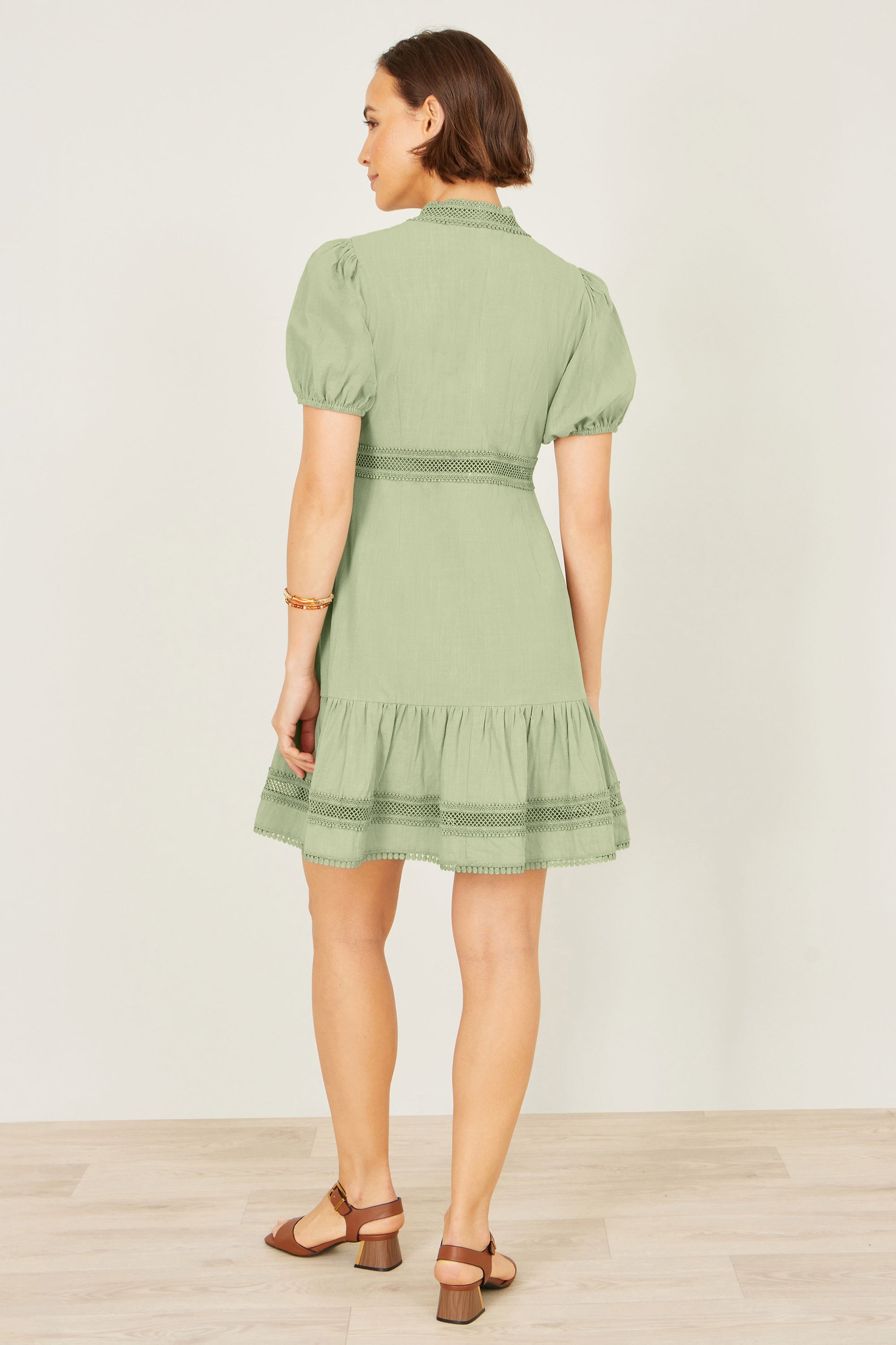 Yumi Green Cotton Lace Trim Skater Shirt Dress Beachwear Yumi