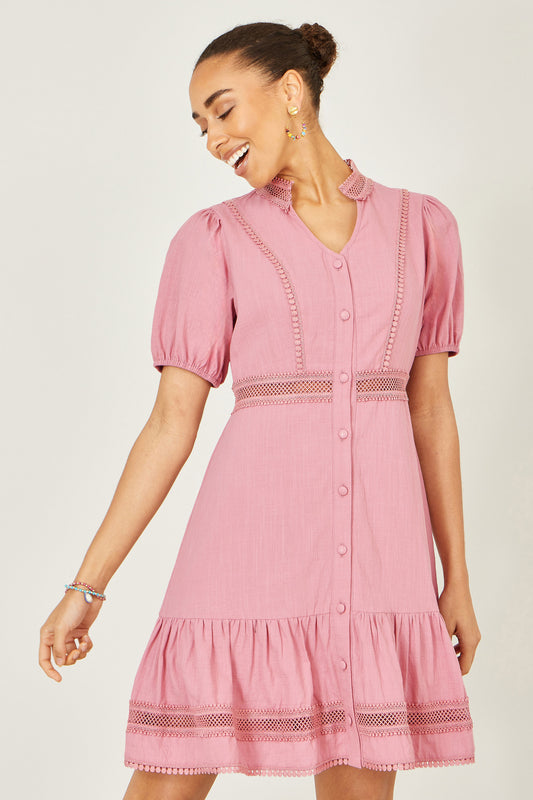 Yumi Pink Cotton Lace Trim Skater Shirt Dress Beachwear Yumi