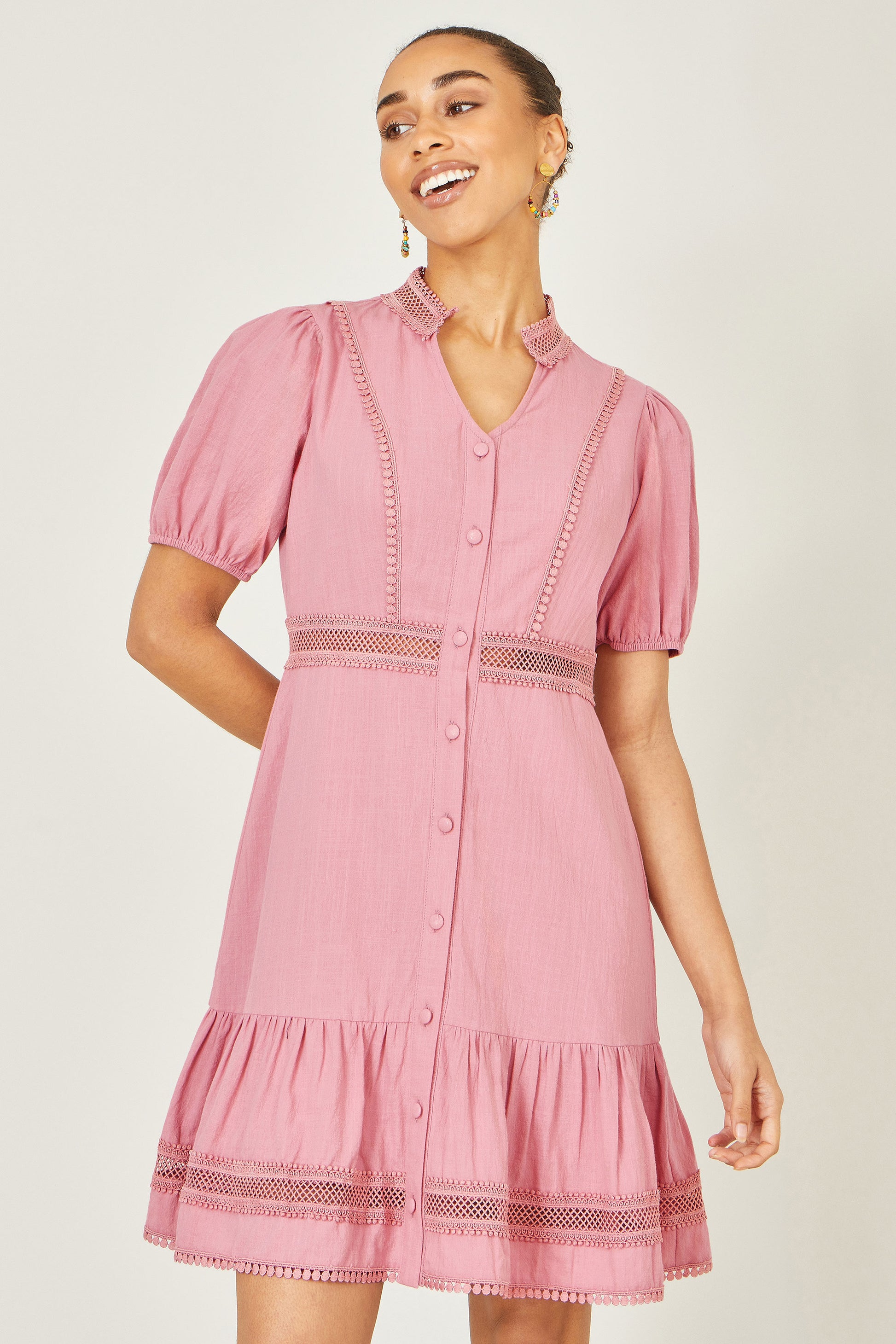 Yumi Pink Cotton Lace Trim Skater Shirt Dress Beachwear Yumi