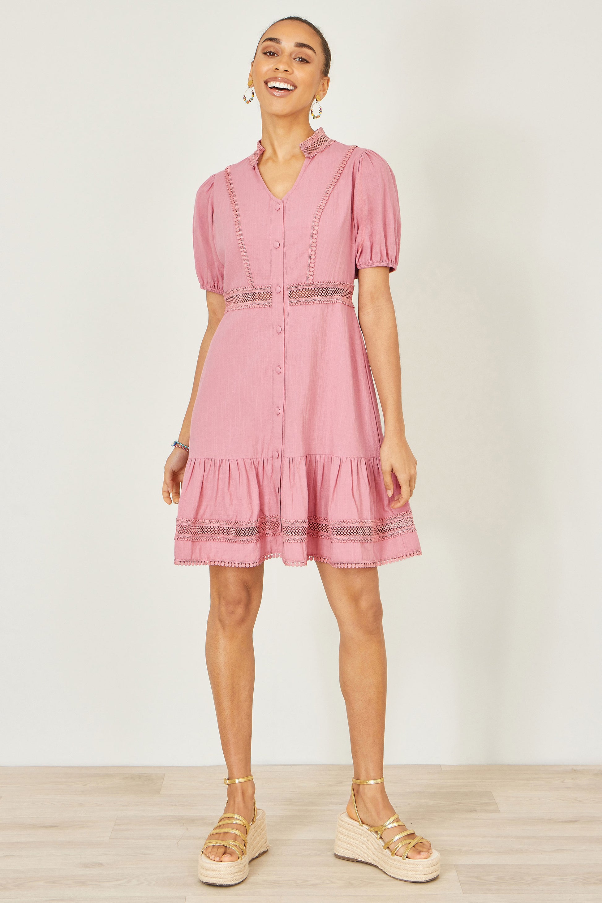 Yumi Pink Cotton Lace Trim Skater Shirt Dress Beachwear Yumi