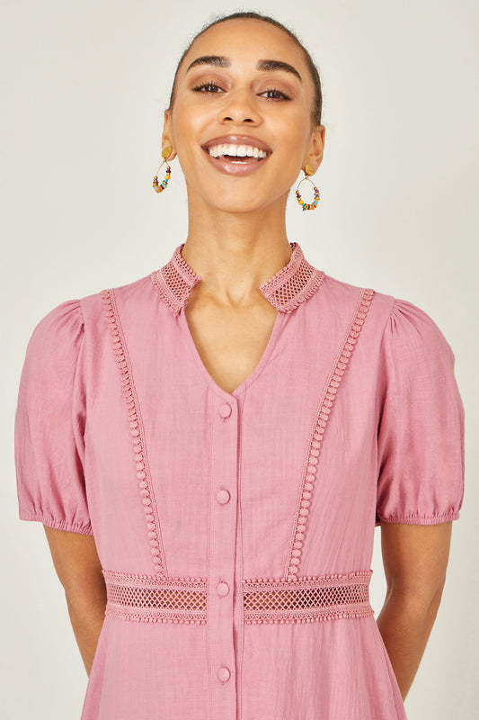 Yumi Pink Cotton Lace Trim Skater Shirt Dress Beachwear Yumi