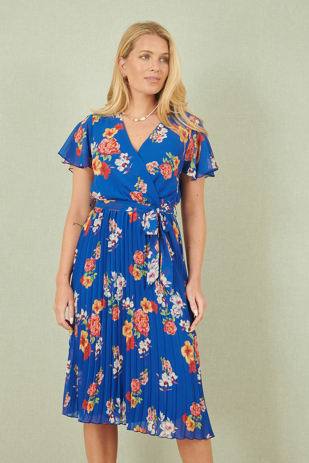 Yumi Blue Floral Pleated Wrap Dress Occasionwear Yumi