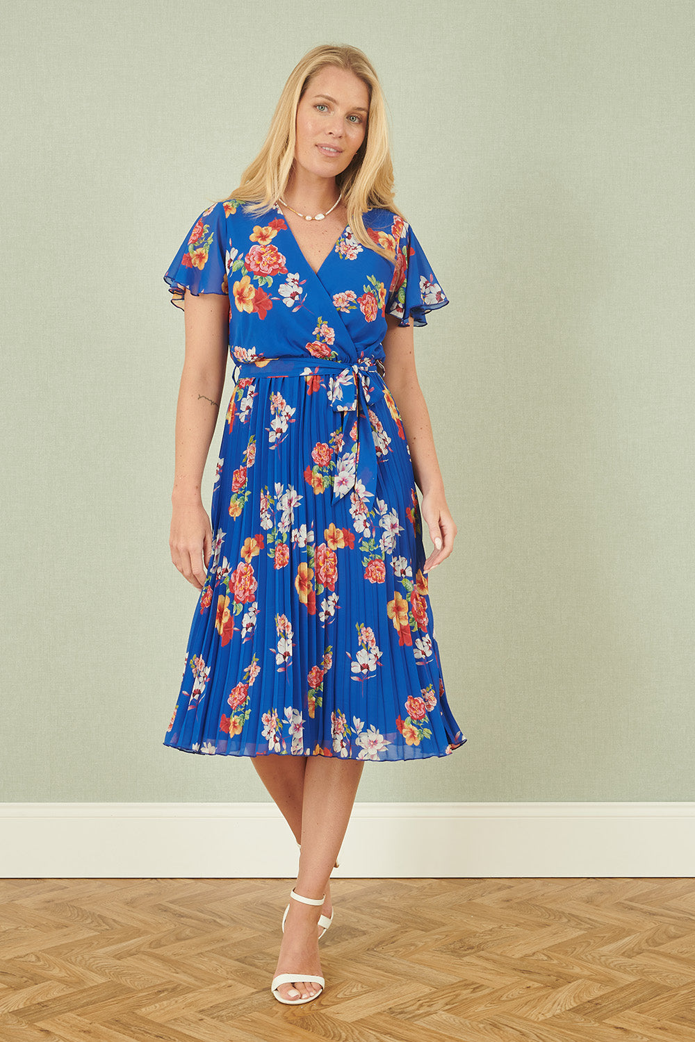 Yumi Blue Floral Pleated Wrap Dress Occasionwear Yumi