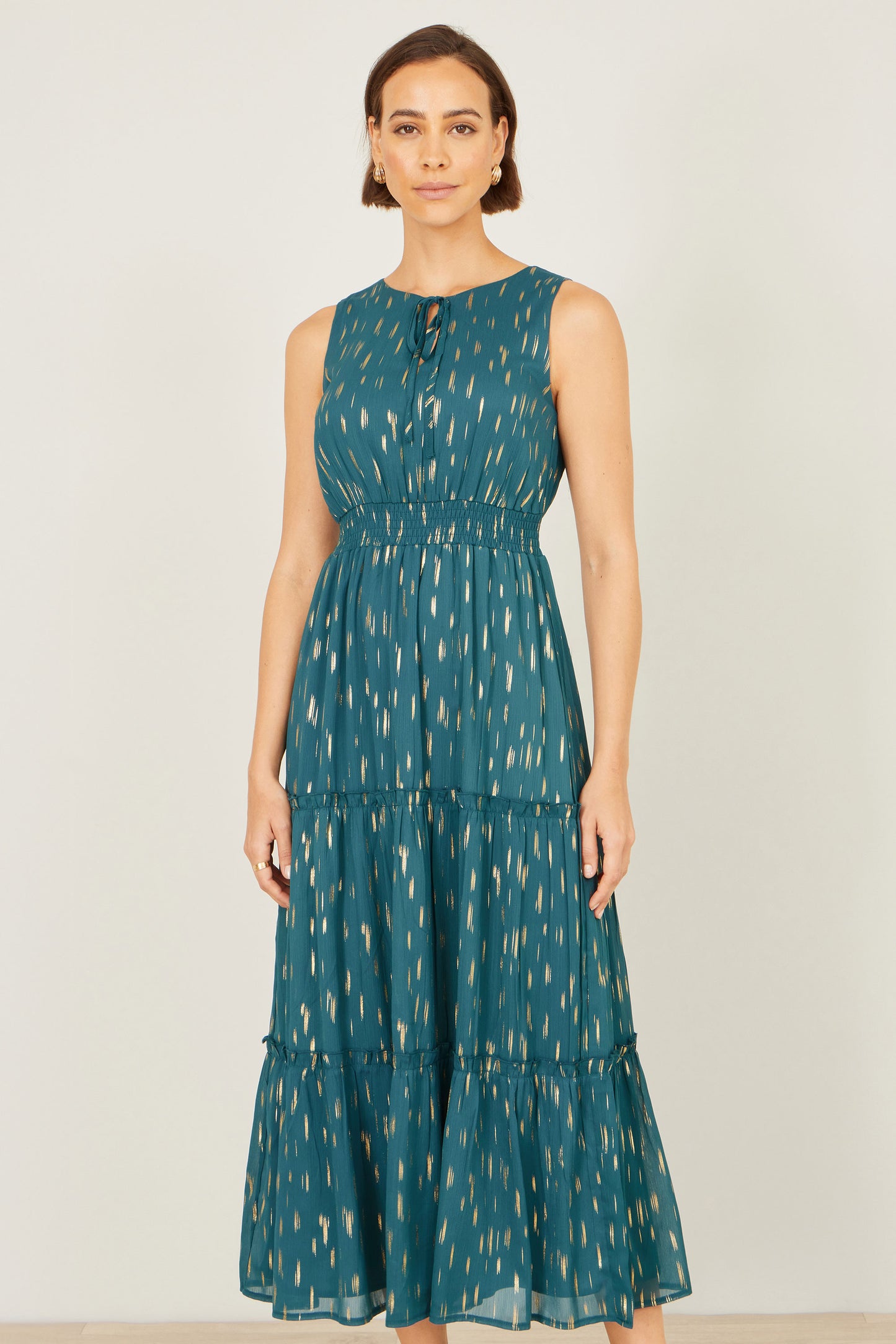 Yumi Teal Foil Print Ruched Waist Midi Dress With Tie Notch Neckline Dress Occasion Yumi