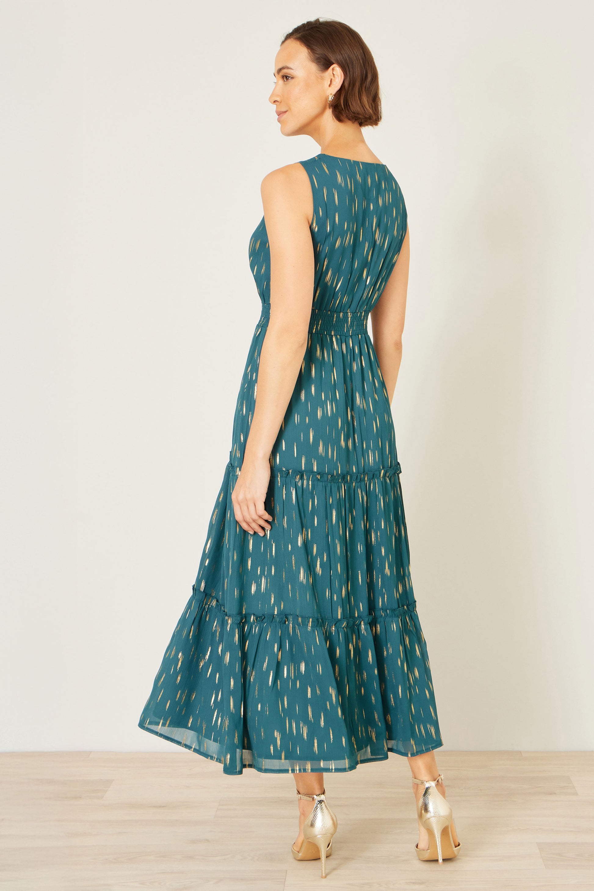 Yumi Teal Foil Print Ruched Waist Midi Dress With Tie Notch Neckline Dress Occasion Yumi