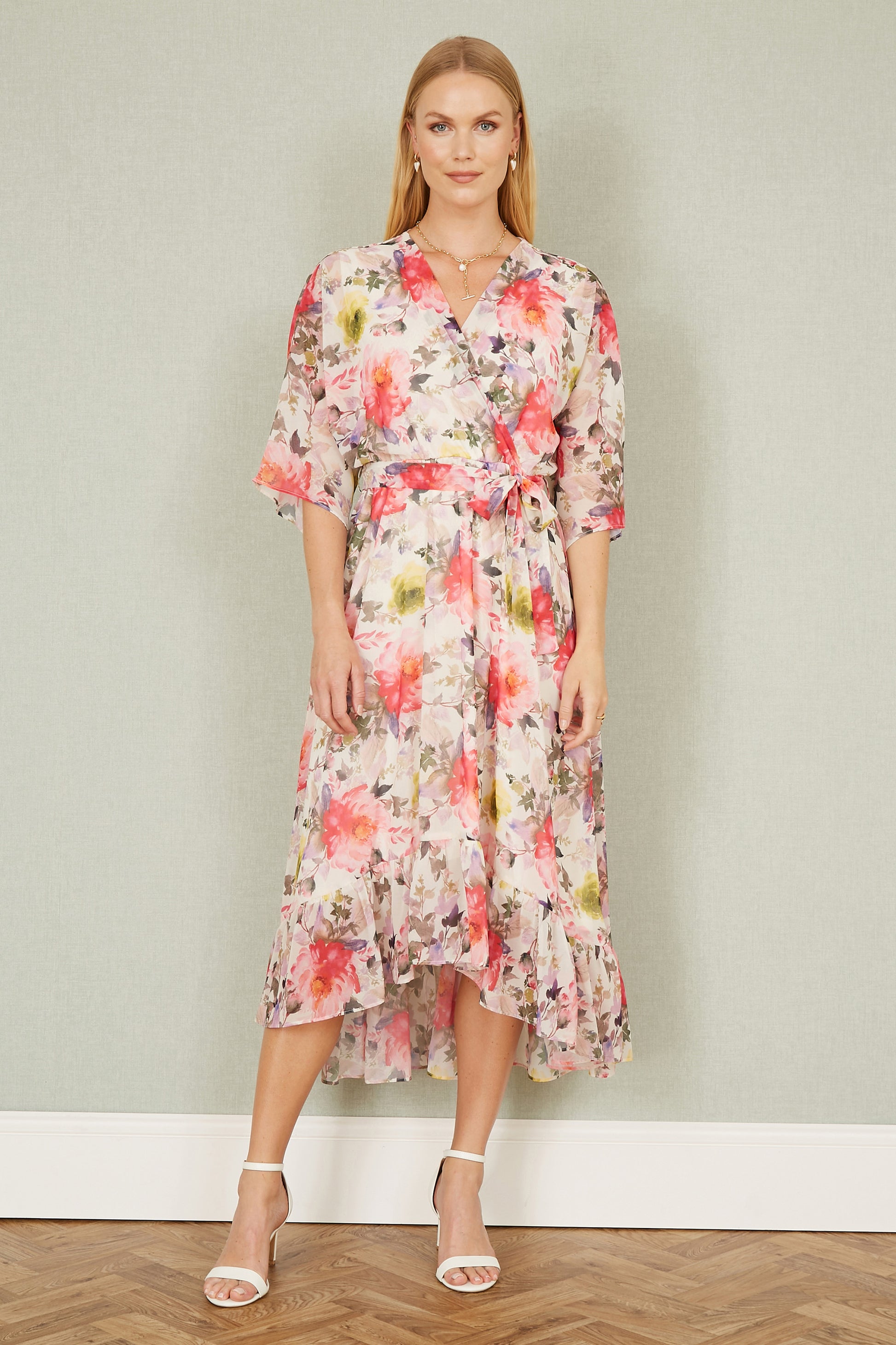 Yumi Ivory Vintage Floral Wrap Midi Dress With Frill | Yumi