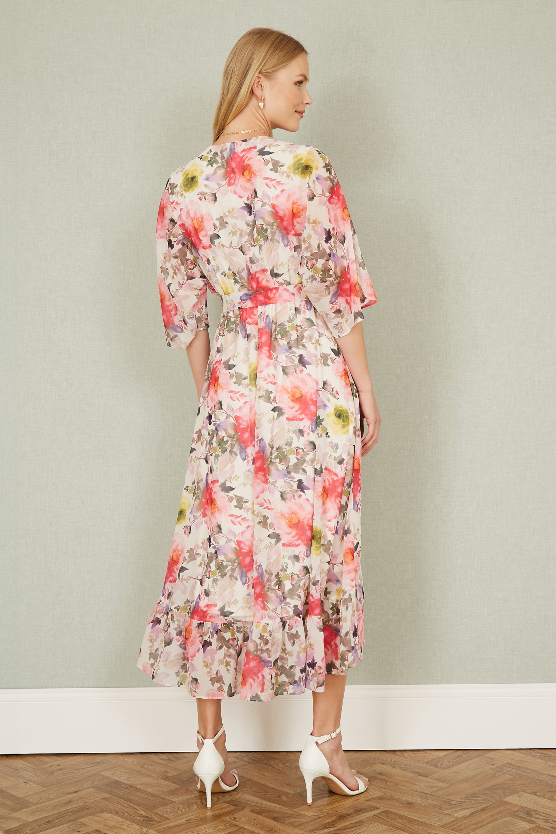 Yumi Ivory Vintage Floral Wrap Midi Dress With Frill | Yumi