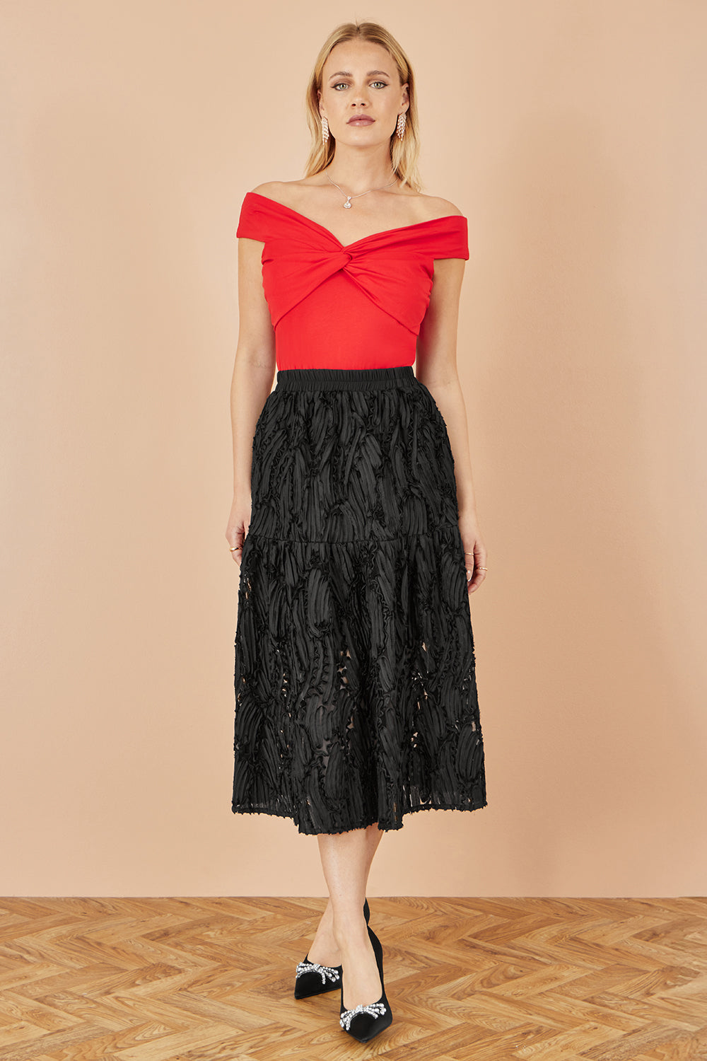 Yumi Red Jersey Cotton Bardot Top With Knot Detail Top Yumi