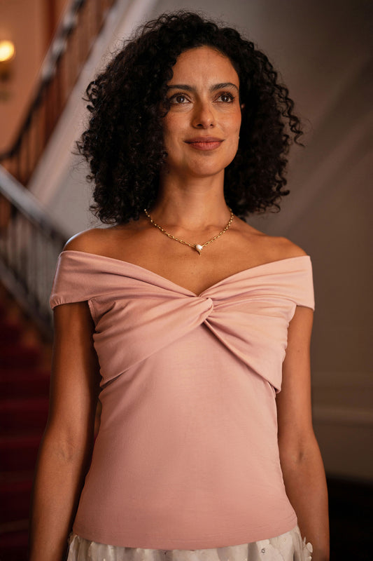 Yumi Blush Jersey Cotton Bardot Top With Knot Detail Tops Yumi