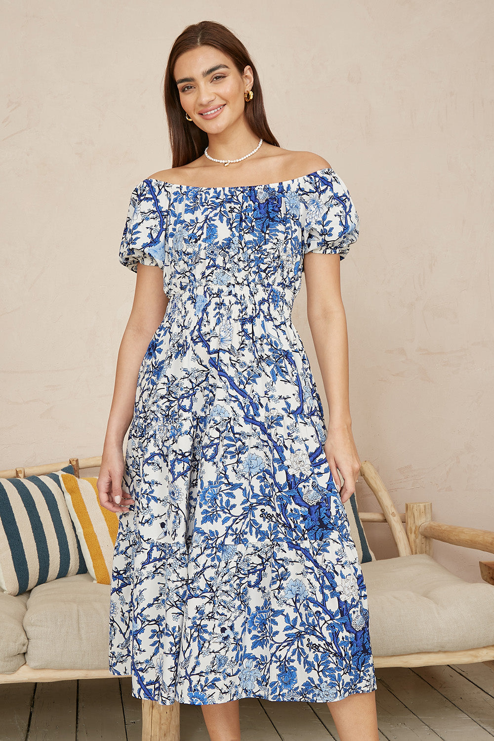 Yumi Blue Ruched Waist Bardot Blossom Tree Print Midi Dress DRES Day Yumi