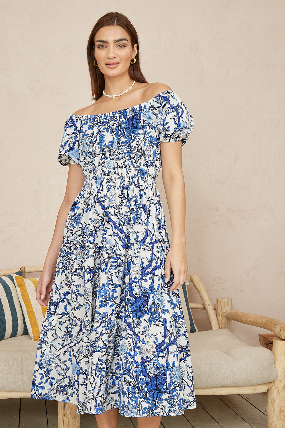 Yumi Blue Ruched Waist Bardot Blossom Tree Print Midi Dress DRES Day Yumi