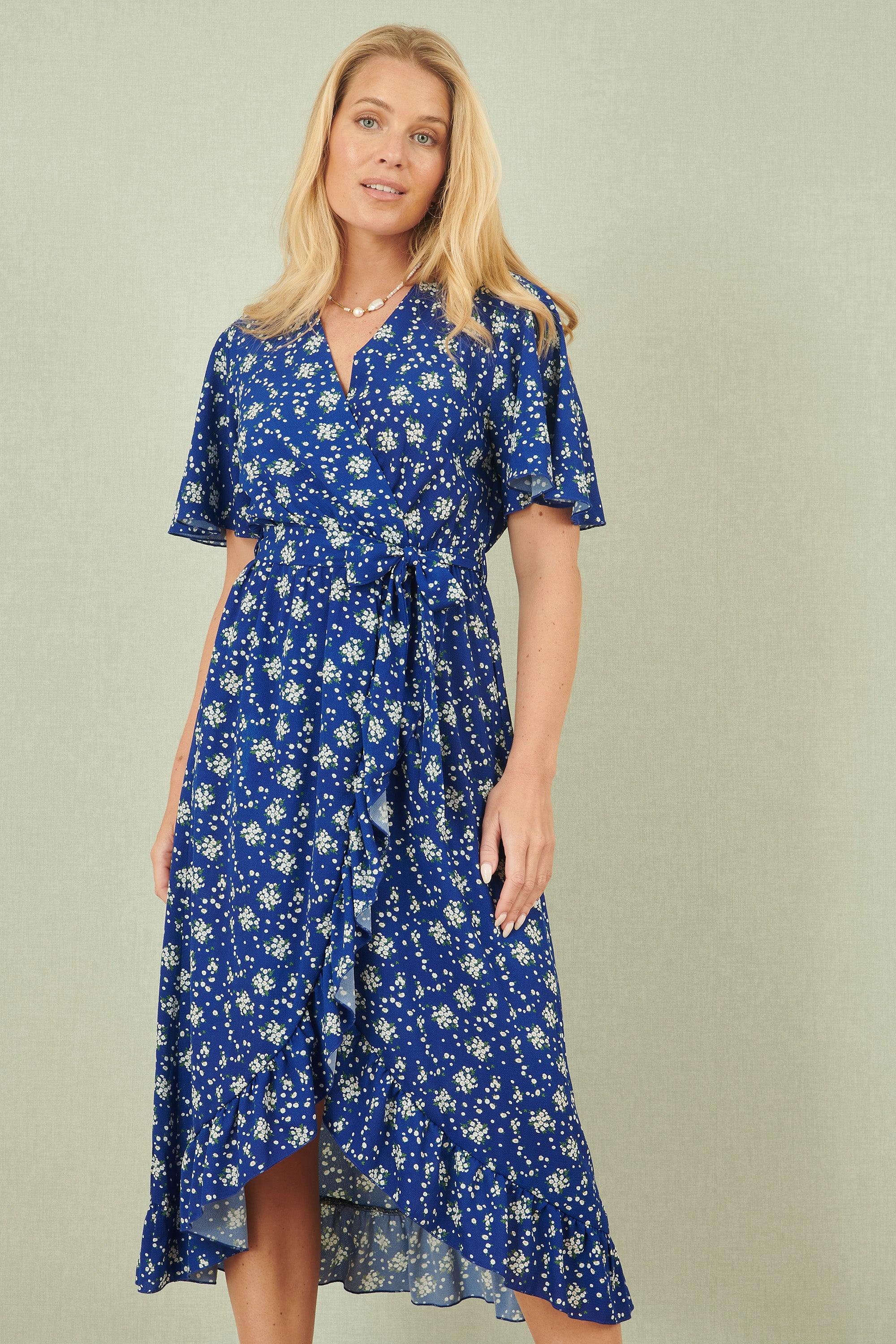 Blue Floral Wrap Dress Frill Hem Stretch Relaxed Top Collar Red Stretch Relaxed Top Collar