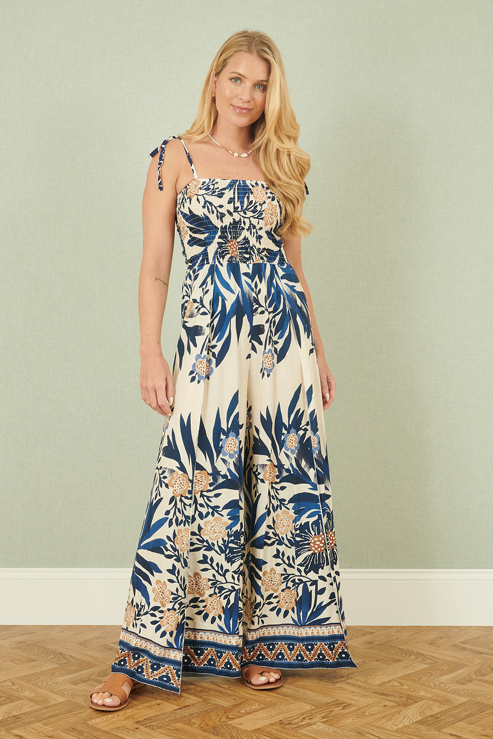 Yumi Navy Palm Print Strappy Viscose Jumpsuit JUMPSUIT Yumi