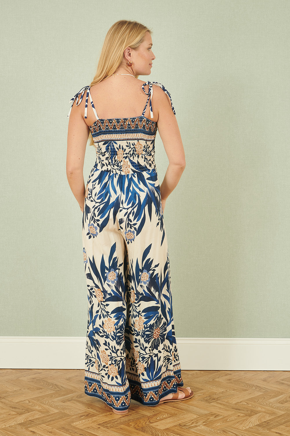 Yumi Navy Palm Print Strappy Viscose Jumpsuit JUMPSUIT Yumi