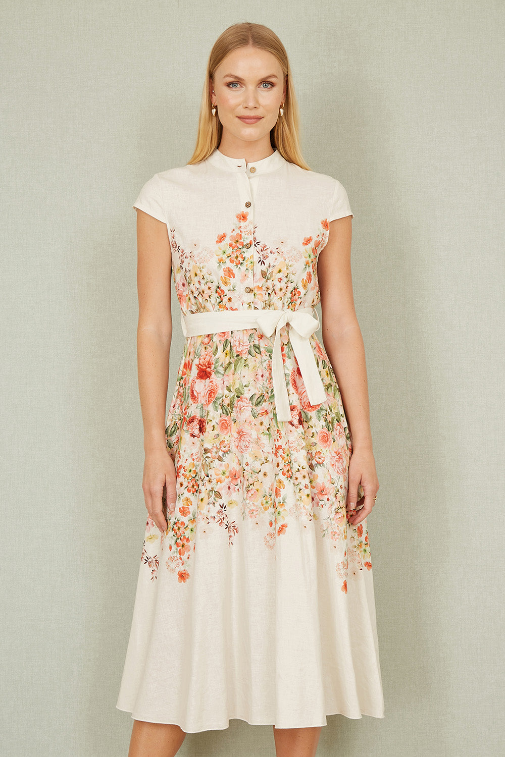 Yumi White Linen Floral Mirrored Placement Skater Dress Occasionwear Yumi