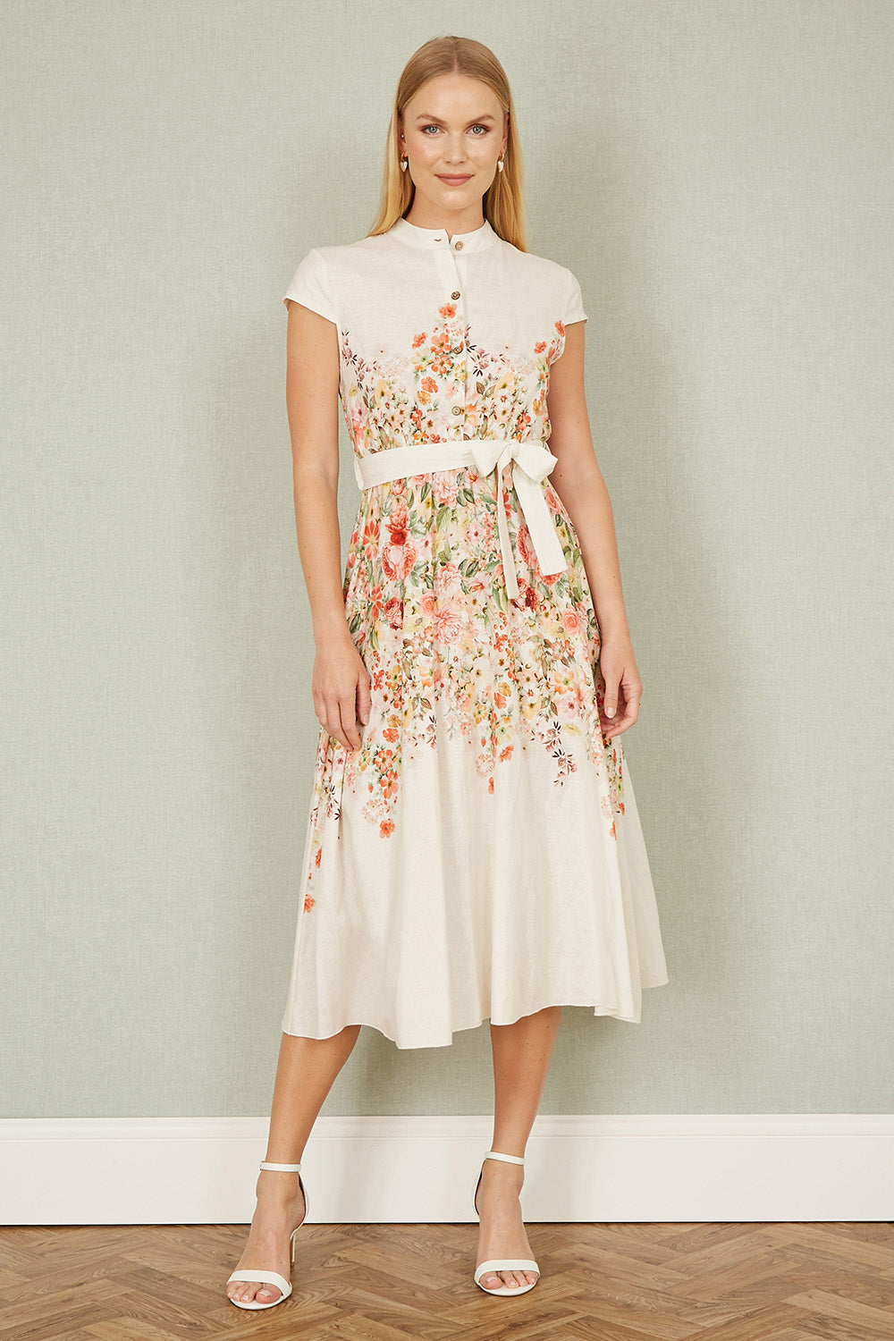 Yumi White Linen Floral Mirrored Placement Skater Dress Occasionwear Yumi
