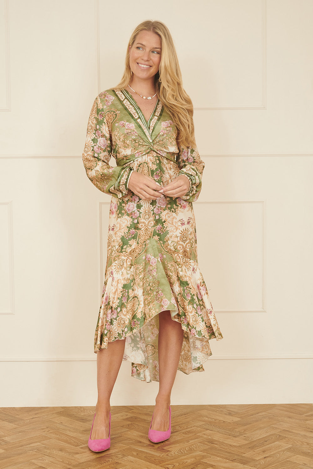 Yumi Green Viscose Scarf Print Tie Front Midi Dress With Dip Hem | Yumi Yumi Green Viscose Scarf Print Tie Front Midi Dress With Dip Hem | Yumi