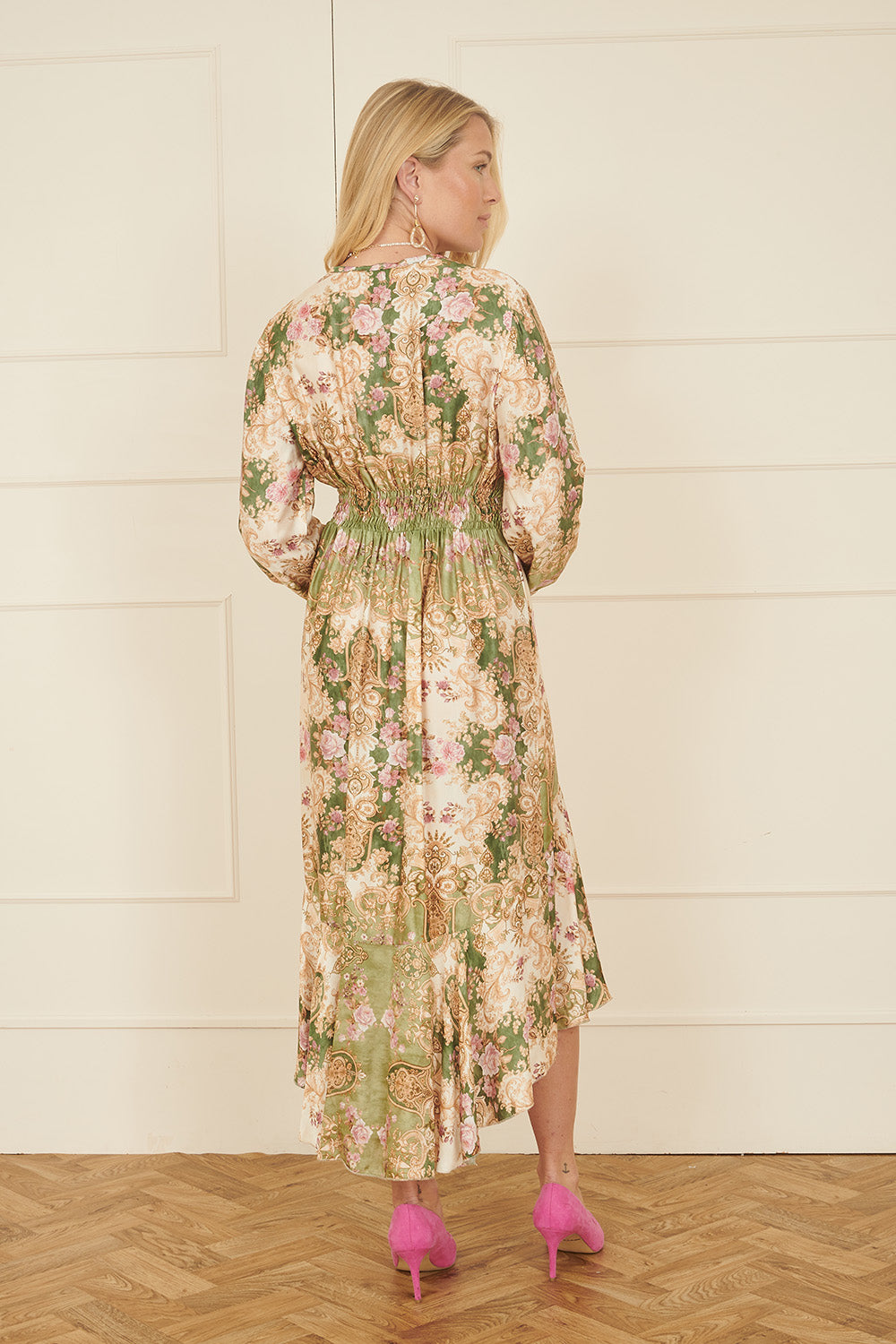 Yumi Green Viscose Scarf Print Tie Front Midi Dress With Dip Hem Occasionwear Yumi