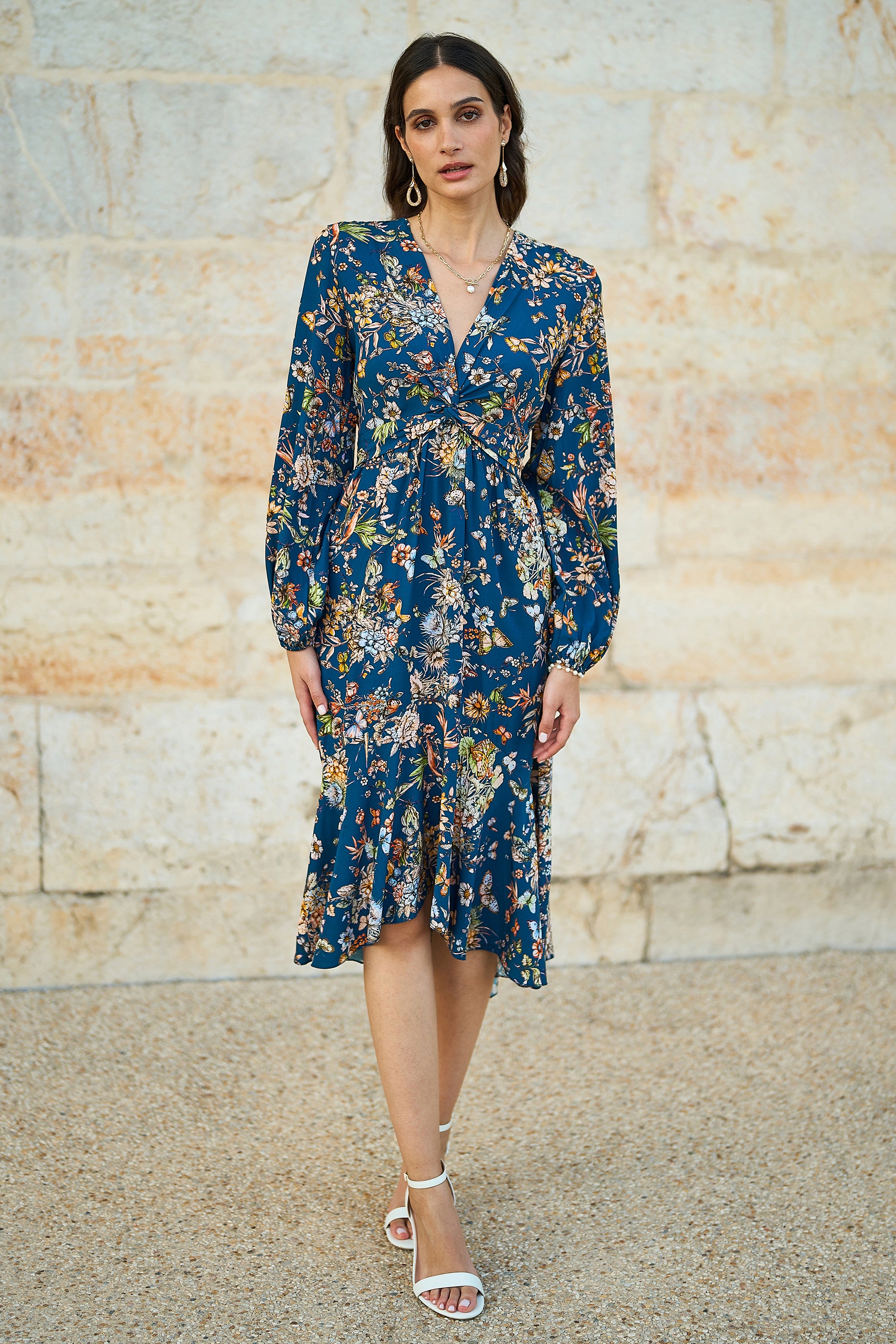 Butterly Floral Tie Knot Front Long Sleeve Midi Dress