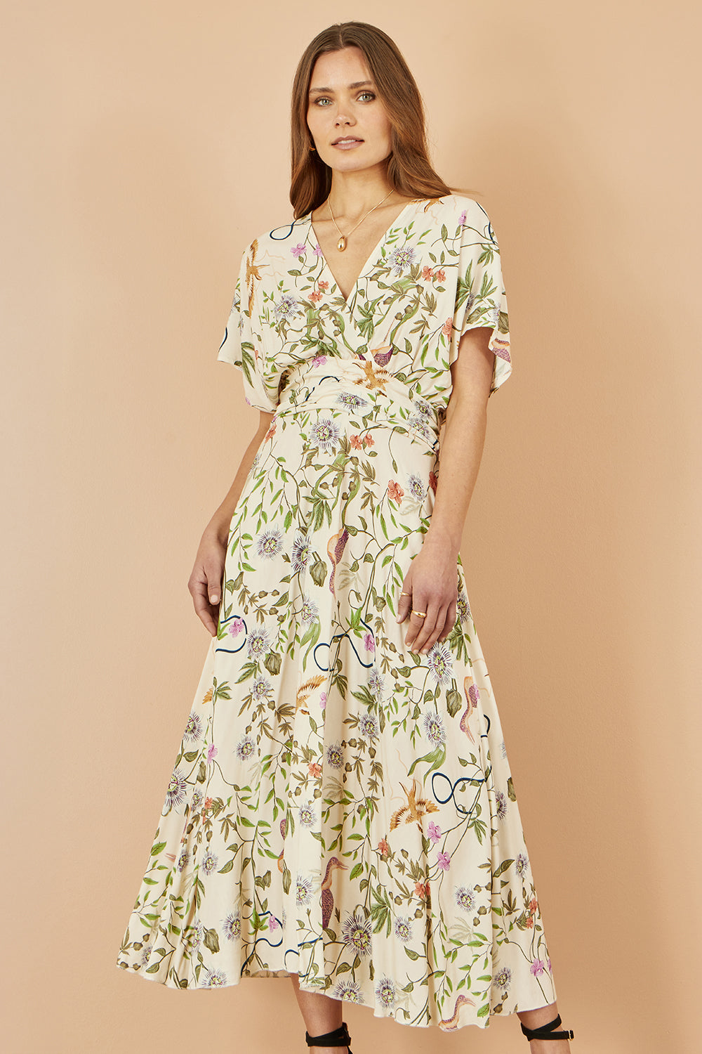 Yumi Ivory Floral Print Ruched Waist Midi Dress With Kimono Sleeves DRES Day Yumi