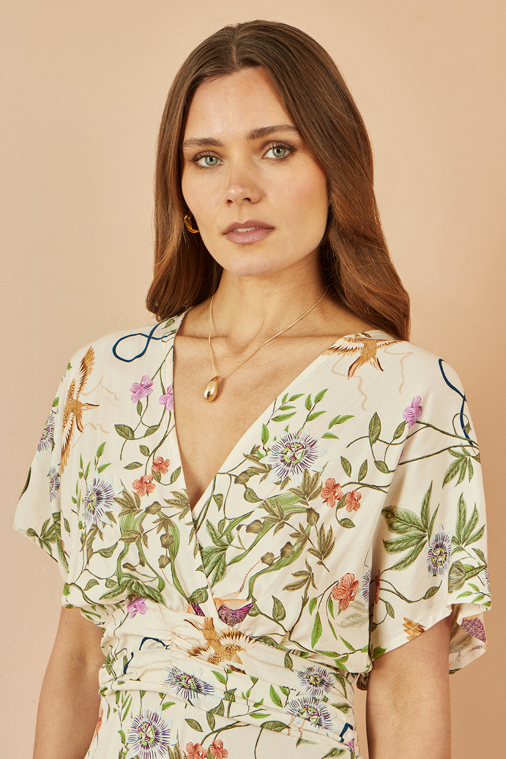 Yumi Ivory Floral Print Ruched Waist Midi Dress With Kimono Sleeves DRES Day Yumi