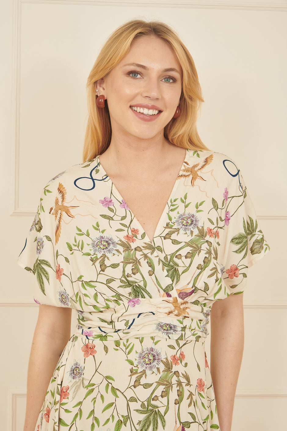 Yumi Ivory Viscose Floral Print Midi Dress With Ruched Waist main image 0