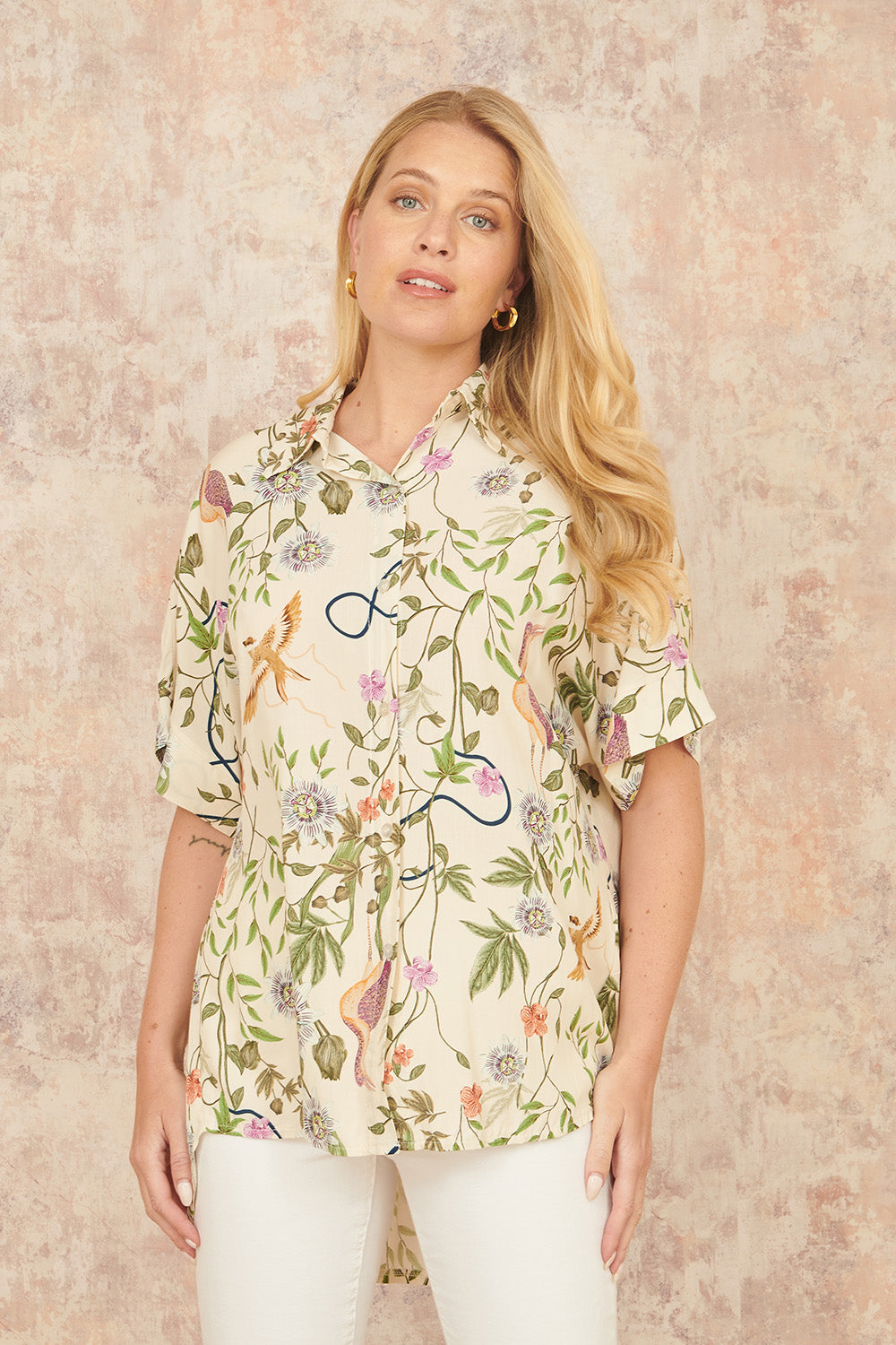 Yumi Beige Relaxed Fit Shirt With Botanical Print Top Yumi