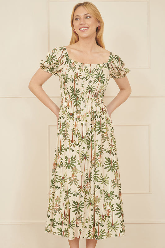 Yumi White Cotton Palm Print Ruched Midi Dress DRES Day Yumi