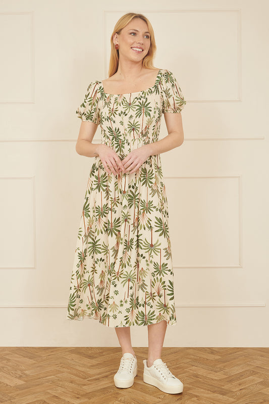Yumi White Cotton Palm Print Ruched Midi Dress DRES Day Yumi