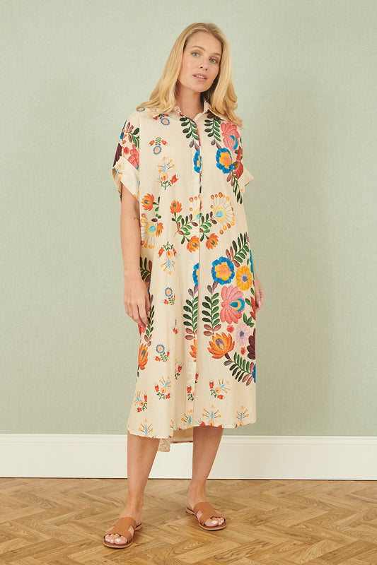 Yumi Multicoloured Folk Print Relaxed Tunic Beachwear Yumi