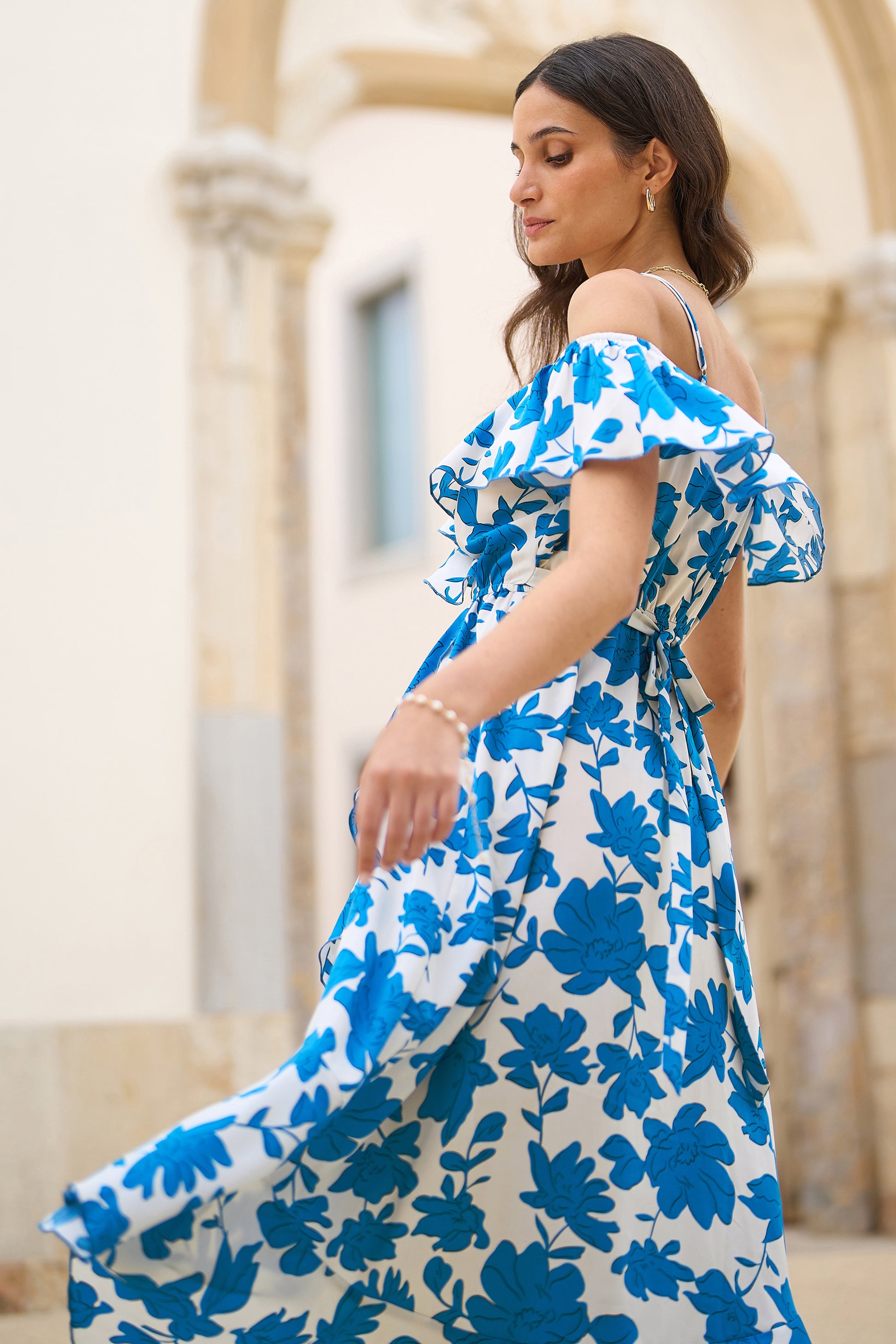 Yumi Blue Floral Print Bardot Midi Dress With Dip Hem Yumi