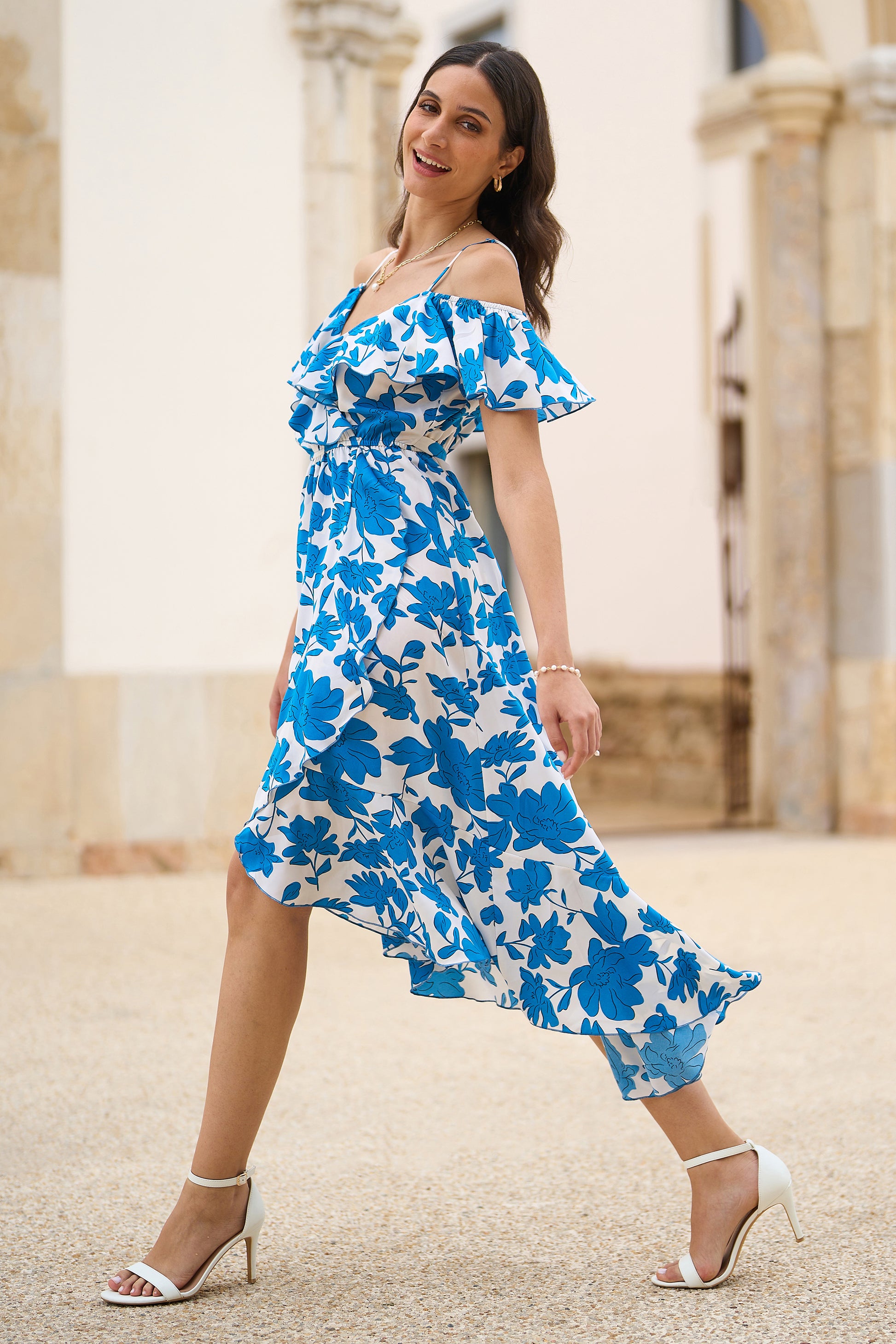 Floral Print Midi Day Dress With Split Yumi Blue Floral Print Bardot