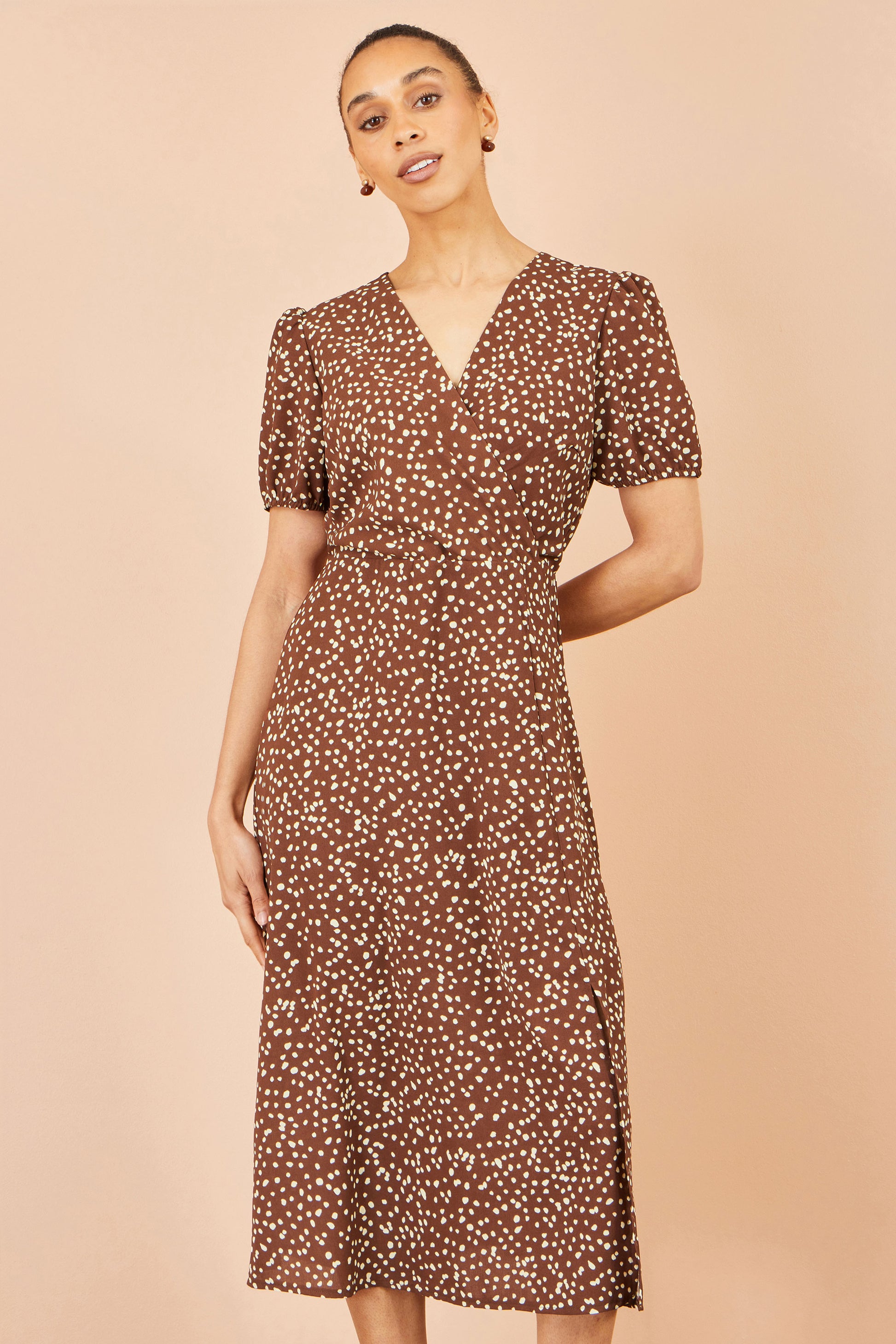 Yumi Brown Spot Midi Dress With Split Hemline Dress Casual Yumi