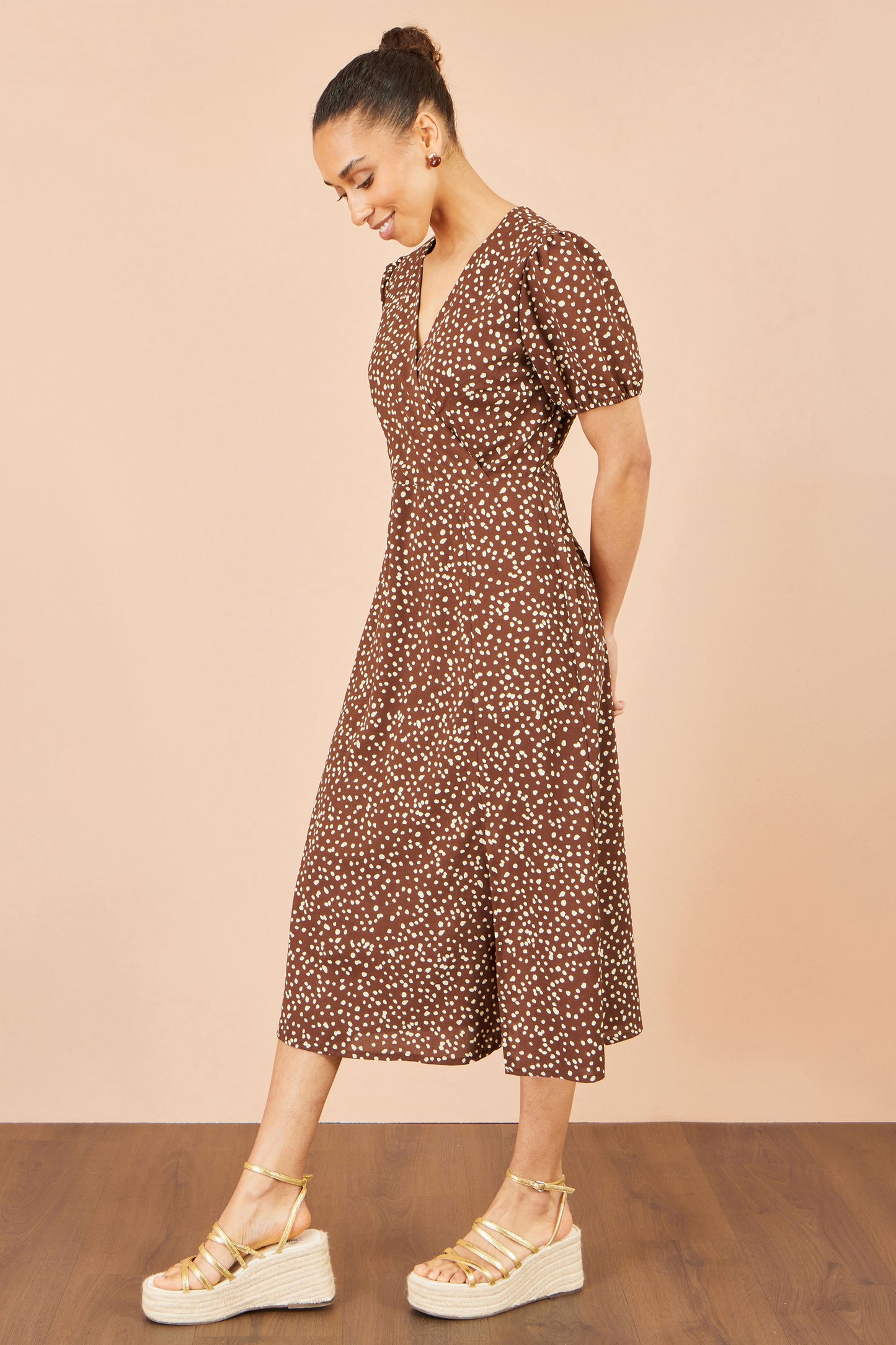Yumi Brown Spot Midi Dress With Split Hemline Dress Casual Yumi