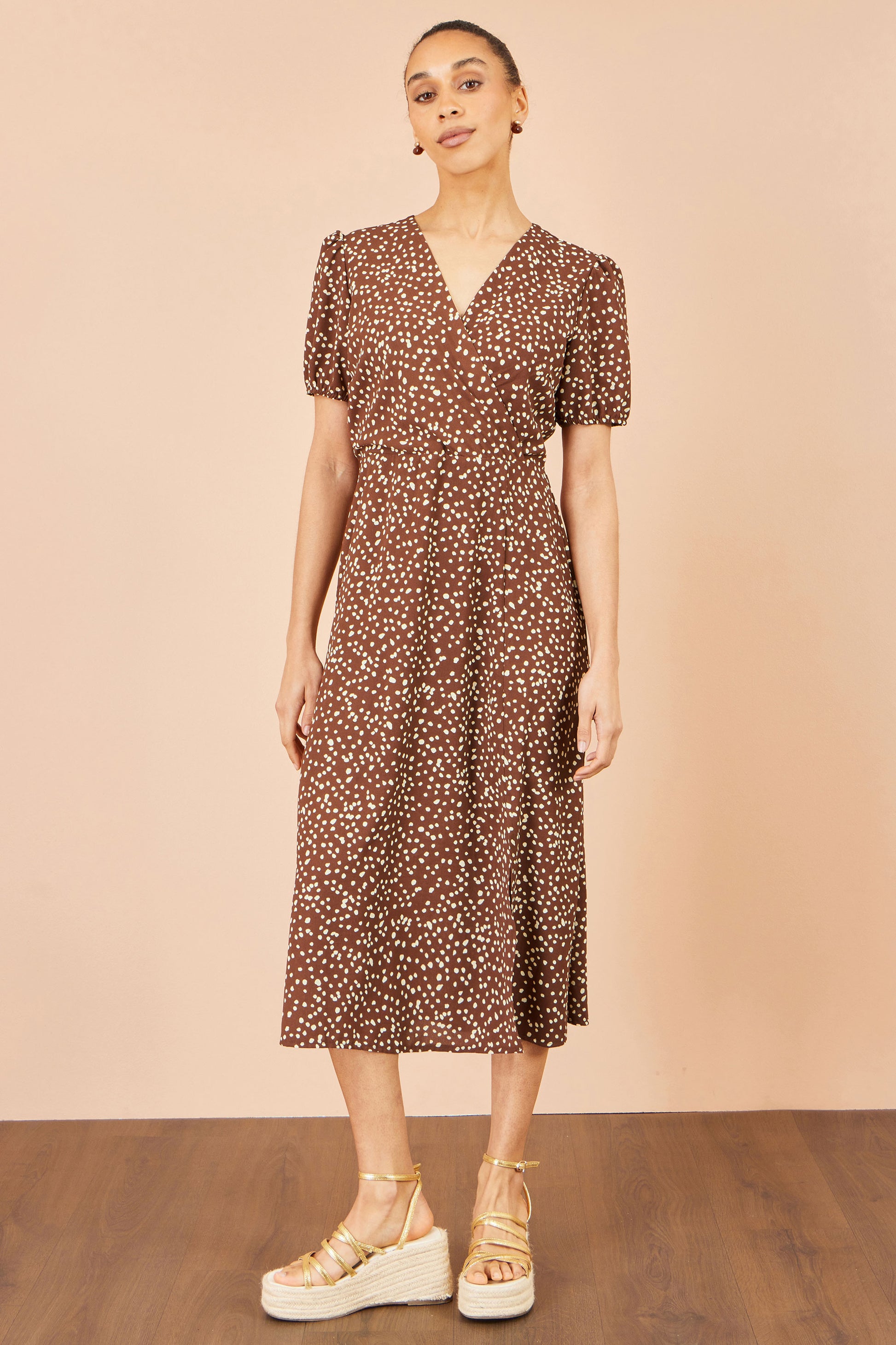 Yumi Brown Spot Midi Dress With Split Hemline Dress Casual Yumi