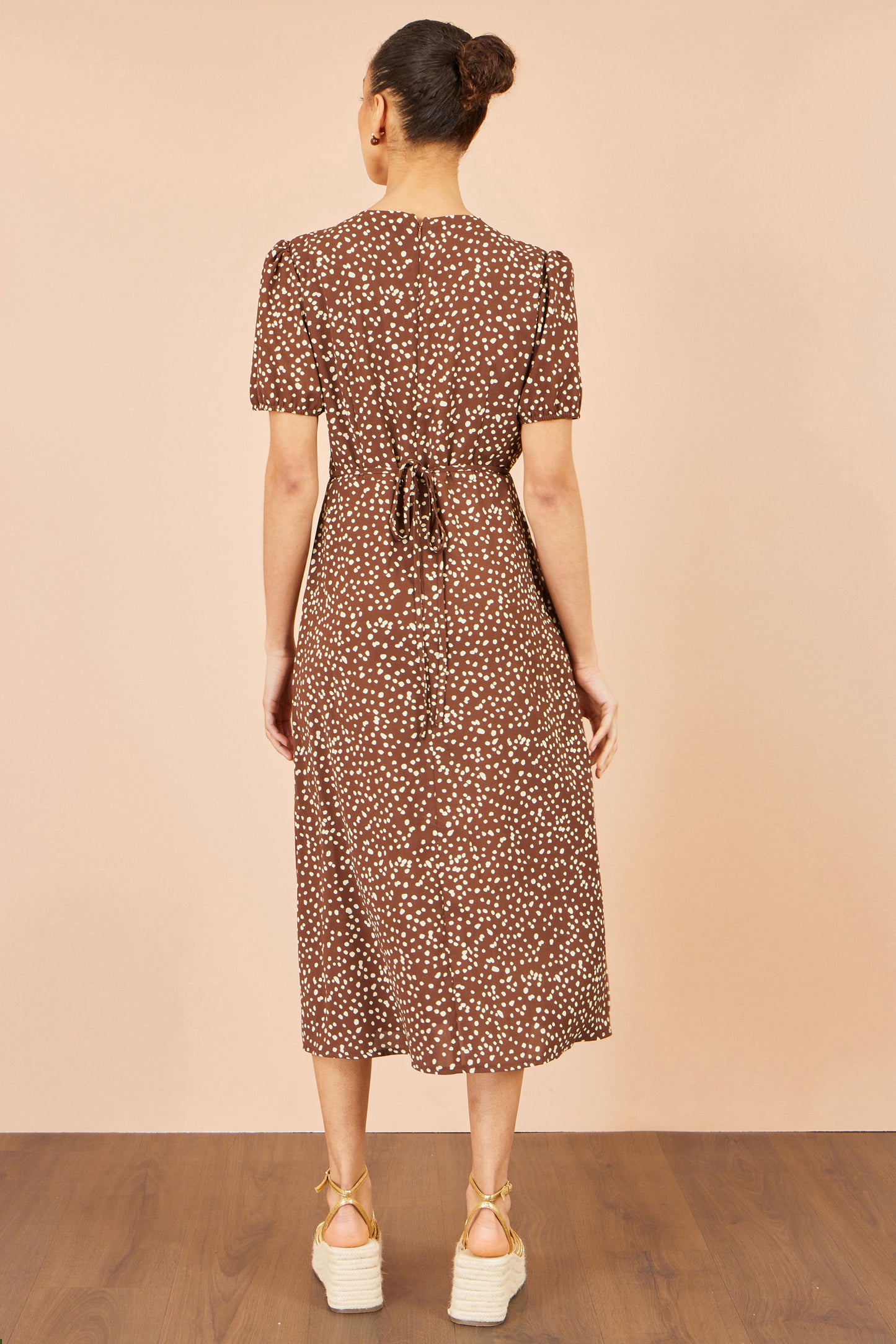 Yumi Brown Spot Midi Dress With Split Hemline Dress Casual Yumi